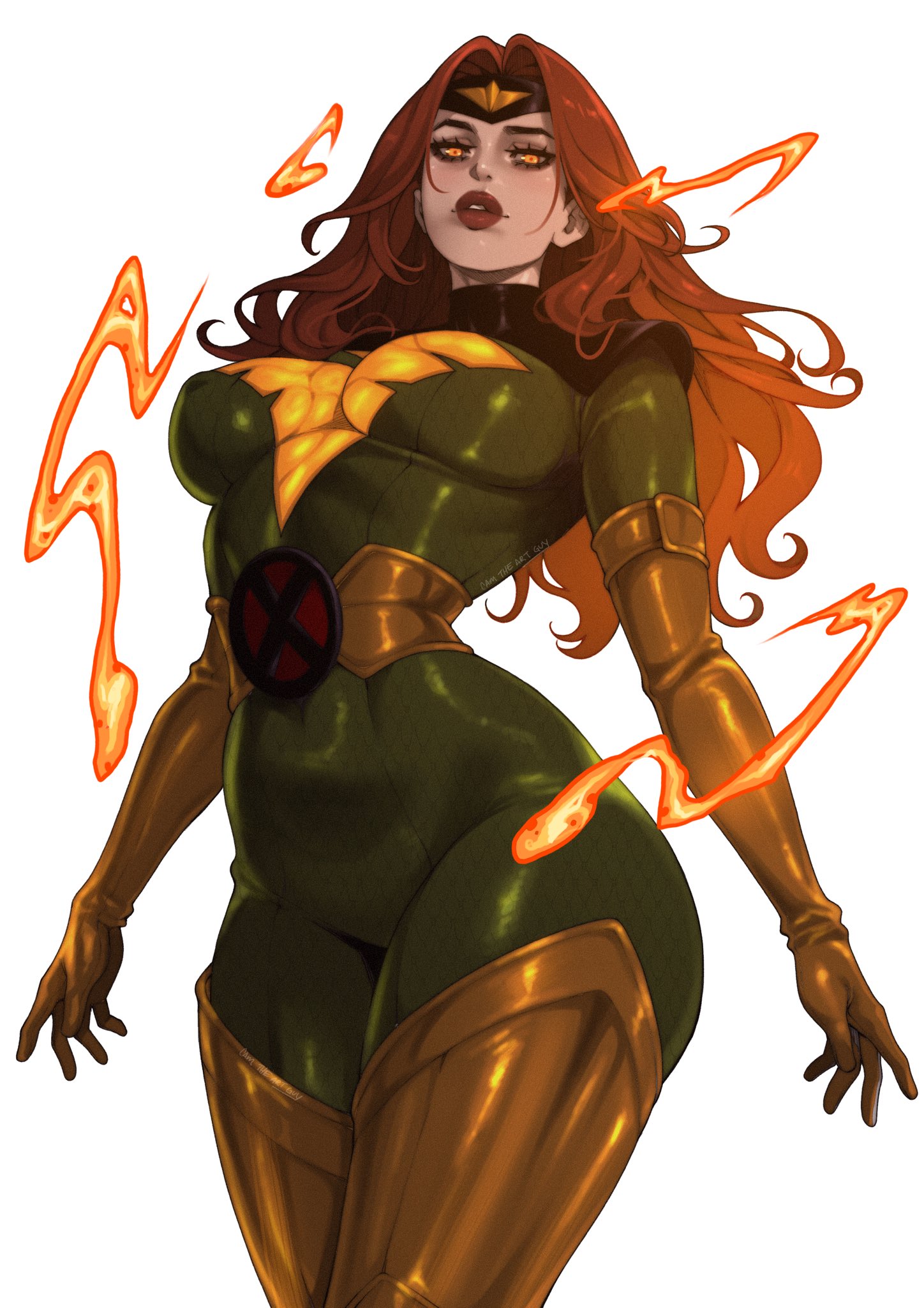 cam the art guy, jean grey, marvel, marvel rivals, x-men, highres, 1girl, bird, bodysuit, boots, breasts, elbow gloves, energy, fire, gloves, green bodysuit, large breasts, long hair, looking at viewer, medium breasts, phoenix, red hair, simple background, solo, superhero costume, thigh boots, thighhighs, two-tone bodysuit, yellow boots, yellow gloves, yellow thighhighs