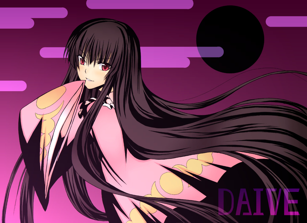 daive, houraisan kaguya, touhou, bad id, bad pixiv id, 1girl, black hair, female focus, gradient background, long hair, solo