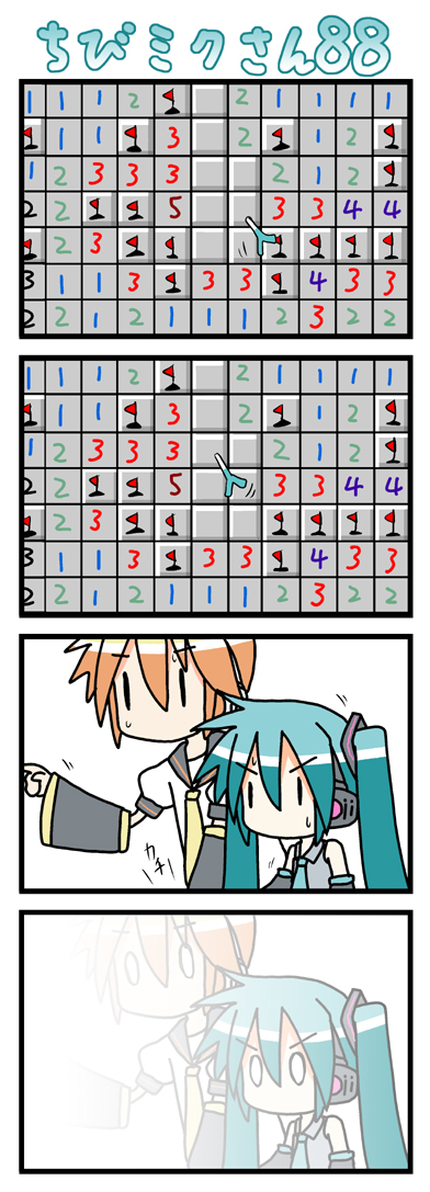 minami (colorful palette), chibi miku, hatsune miku, kagamine len, minesweeper, vocaloid, long image, tall image, 0 0, 4koma, chibi, comic, failure, gameplay mechanics, silent comic, sweat, twintails, you're doing it wrong, | |