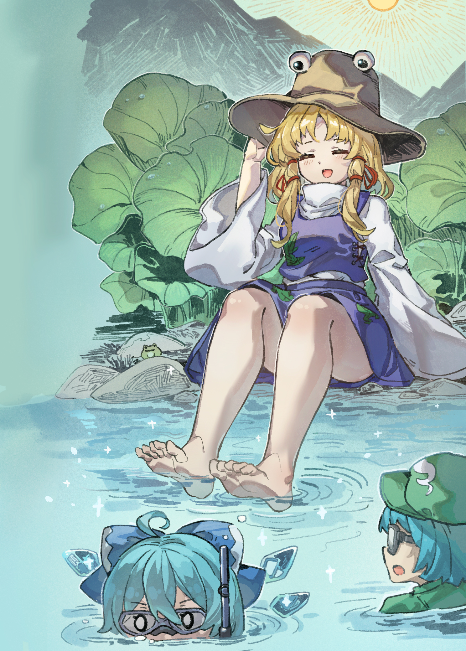 shishui guima, cirno, kawashiro nitori, moriya suwako, touhou, highres, barefoot, blonde hair, blue hair, brown hat, frog, green hat, hat, outdoors, purple skirt, purple vest, shirt, sitting, skirt, snorkel, soaking feet, sun, swimming, vest, white shirt