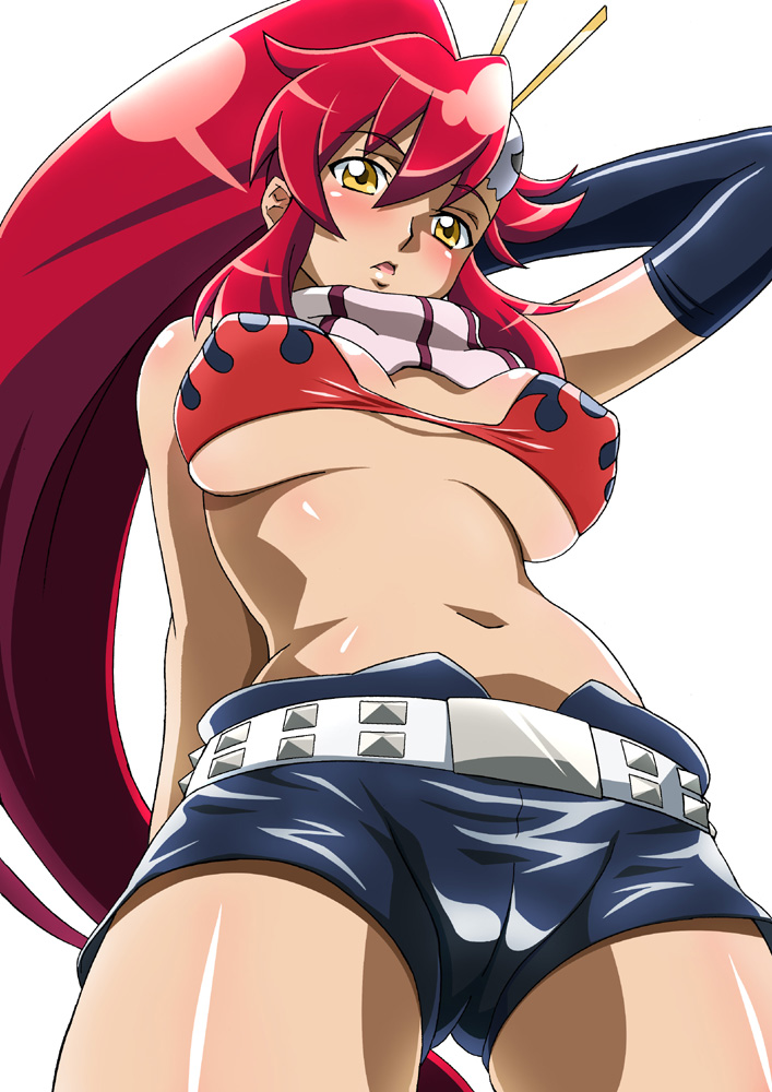 j.h., yoko littner, tengen toppa gurren lagann, 00s, 1girl, belt, bikini, bikini top only, blush, breasts, cameltoe, covered erect nipples, elbow gloves, female focus, gloves, hair ornament, large breasts, long hair, navel, ponytail, red hair, scarf, short shorts, shorts, solo, swimsuit, underboob, yellow eyes