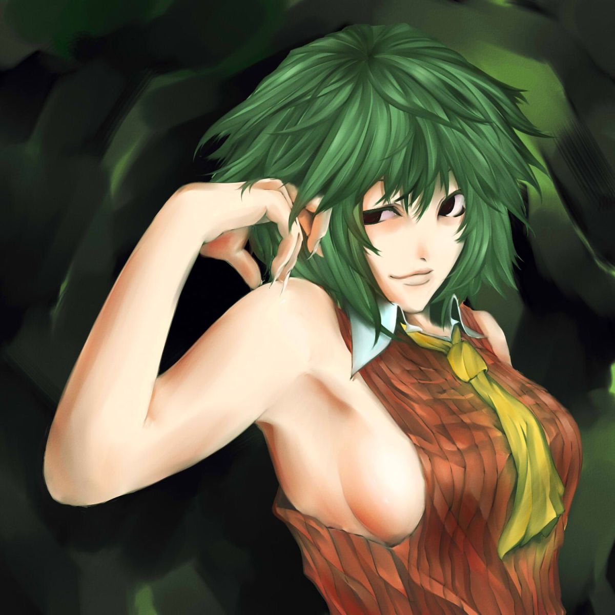 rokushou kokuu, kazami yuuka, touhou, bad id, bad pixiv id, highres, 1girl, adjusting hair, armpits, ascot, black eyes, breasts, claws, female focus, fingernails, green hair, large breasts, lips, rokushou kurobane, sharp fingernails, short hair, sideboob, smirk, solo, upper body, vest