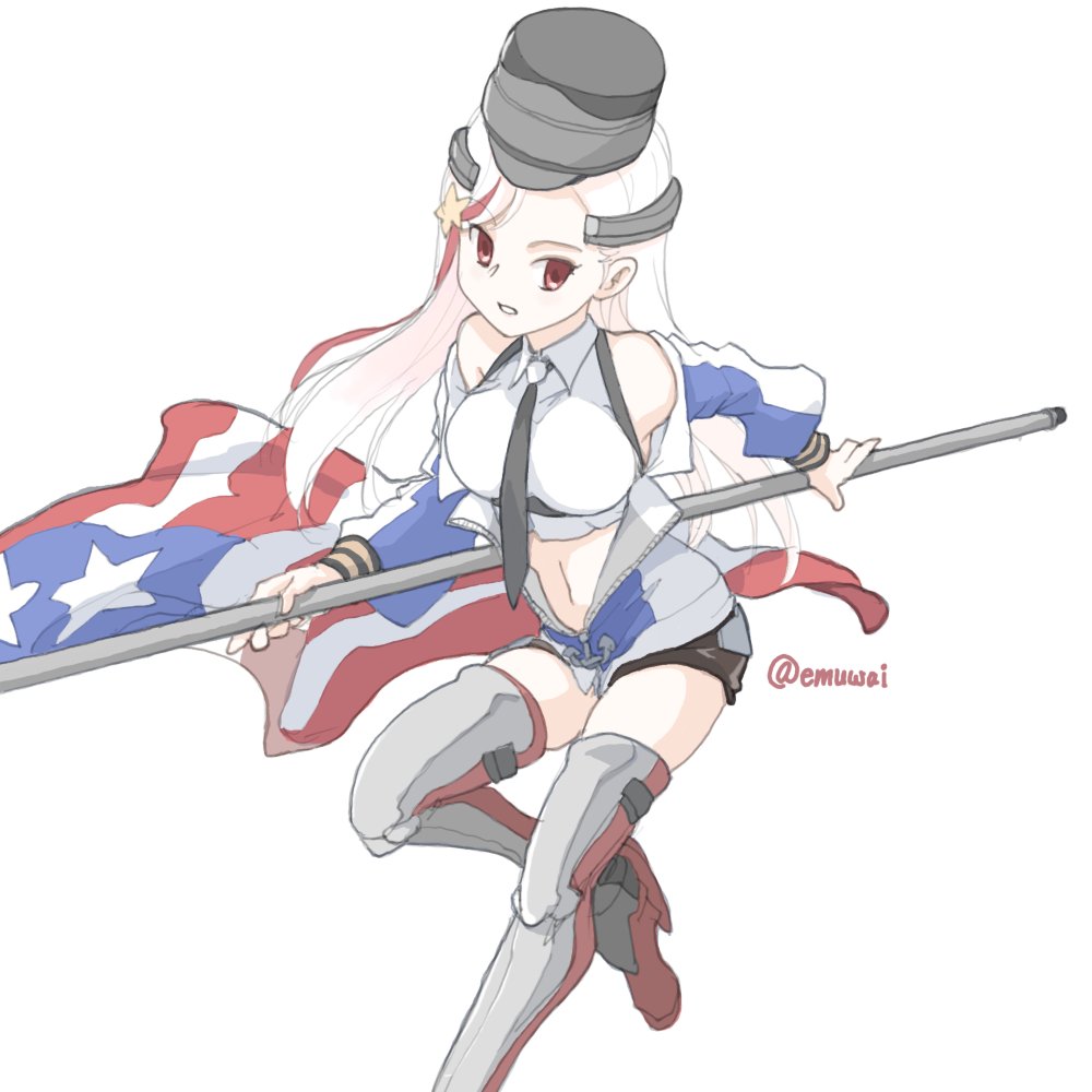 emuwai, massachusetts (kancolle), kantai collection, commentary request, 1girl, american flag, black necktie, black shorts, blonde hair, blue jacket, chest harness, collared shirt, dress shirt, grey hat, harness, hat, headgear, jacket, long hair, multicolored hair, necktie, one-hour drawing challenge, pink hair, red hair, shirt, shorts, simple background, sleeveless, sleeveless shirt, solo, streaked hair, thighhighs, twitter username, white background, white shirt