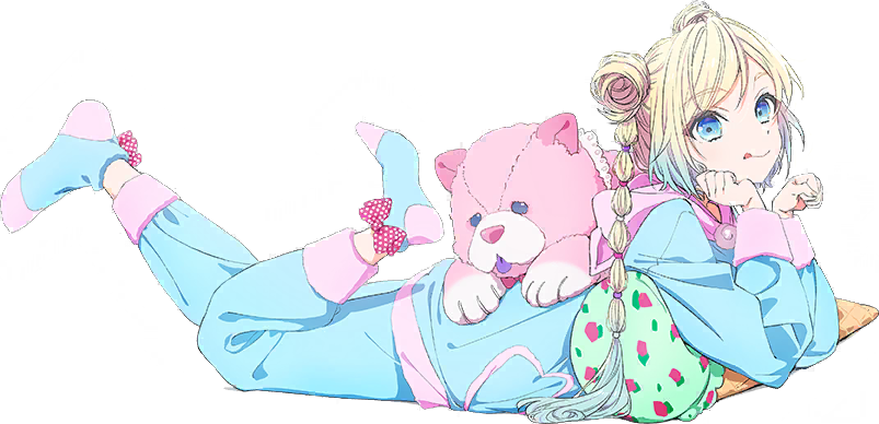 osawa rurino, link! like! love live!, love live!, game cg, non-web source, official art, 1girl, blonde hair, blue eyes, blue hair, blue pajamas, blue pants, blue shirt, blue socks, bow, bow legwear, double bun, full body, gradient hair, hair bun, long hair, looking at viewer, lying, multi-tied hair, multicolored hair, official alternate costume, on stomach, osawa rurino (birthday present), pajamas, pants, polka dot, polka dot bow, red bow, shirt, sidelocks, simple background, socks, solo, stuffed animal, stuffed dog, stuffed food, stuffed toy, transparent background, twintails, virtual youtuber