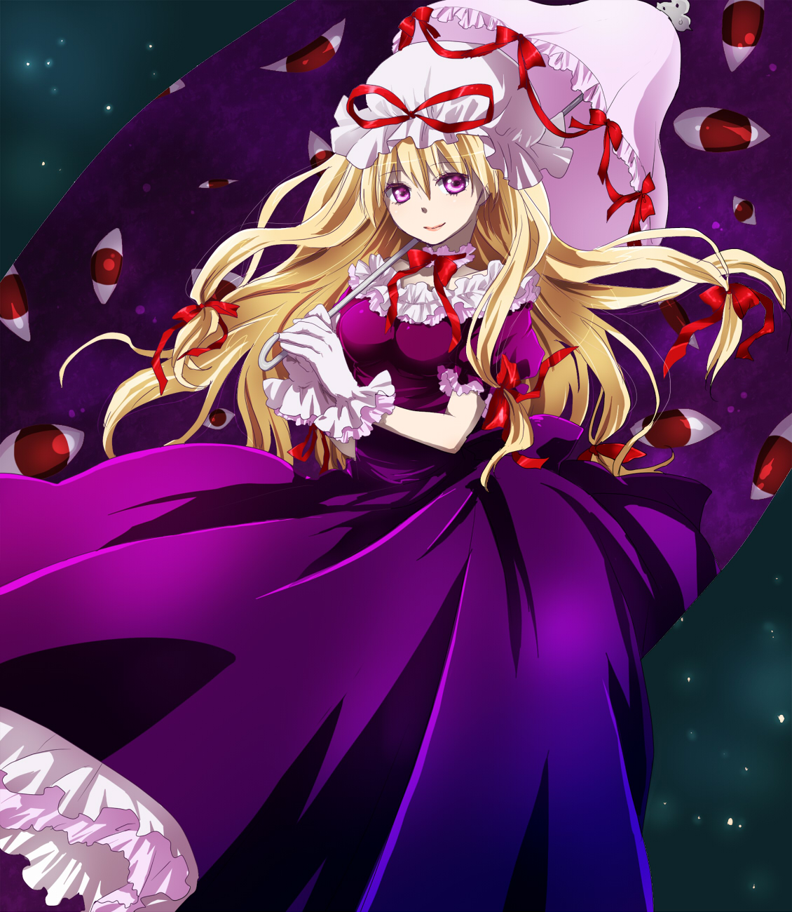 machiko (beard), yakumo yukari, touhou, bad id, bad pixiv id, highres, 1girl, blonde hair, bow, dress, female focus, frilled dress, frills, gap (touhou), hair bow, hat, long hair, multiple hair bows, purple eyes, ribbon, smile, solo, umbrella