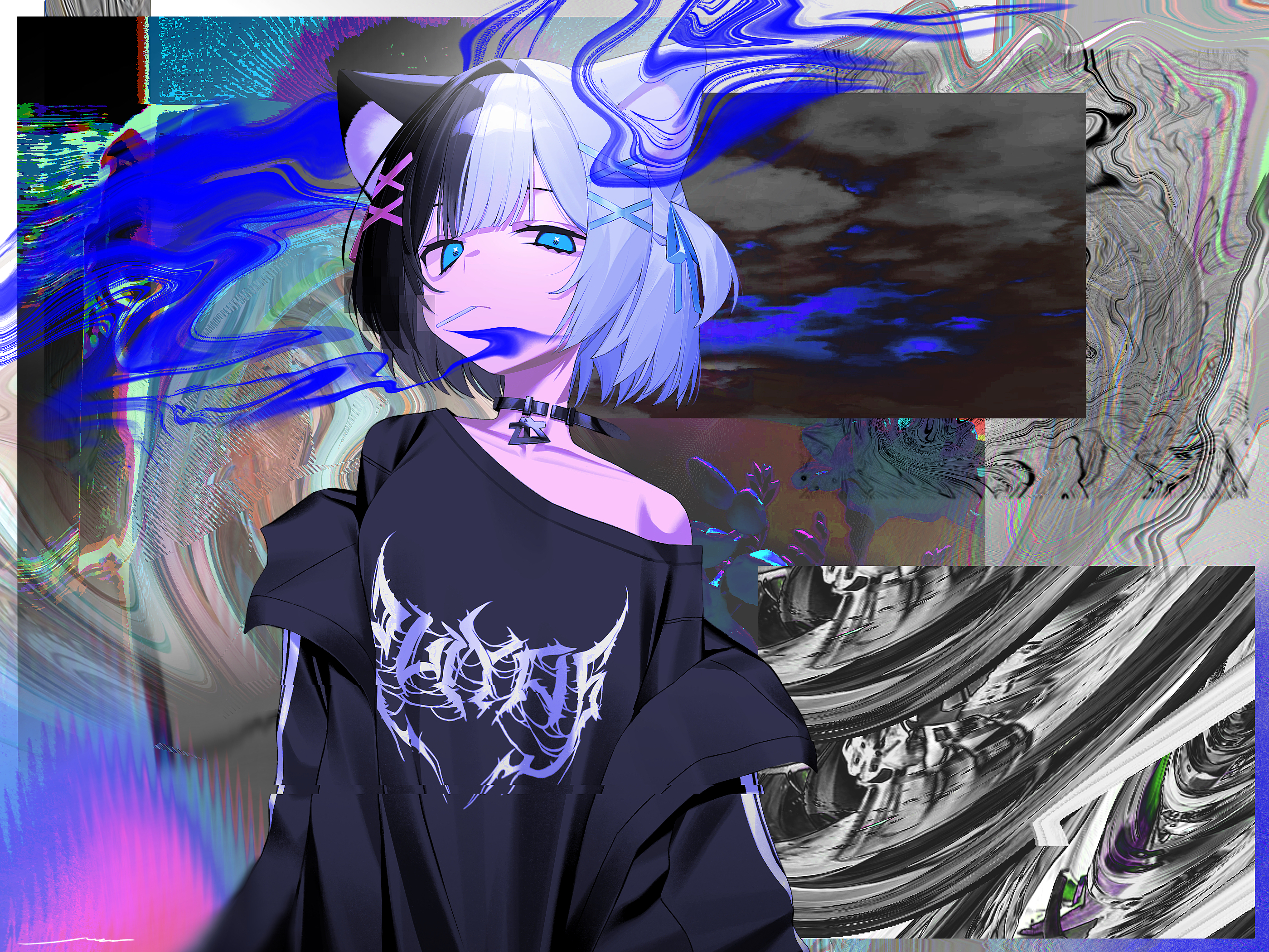 signal 1120, original, commentary, commission, english commentary, highres, skeb commission, 1girl, animal ears, black choker, blue eyes, choker, multicolored hair, short hair, single off shoulder, solo, split-color hair