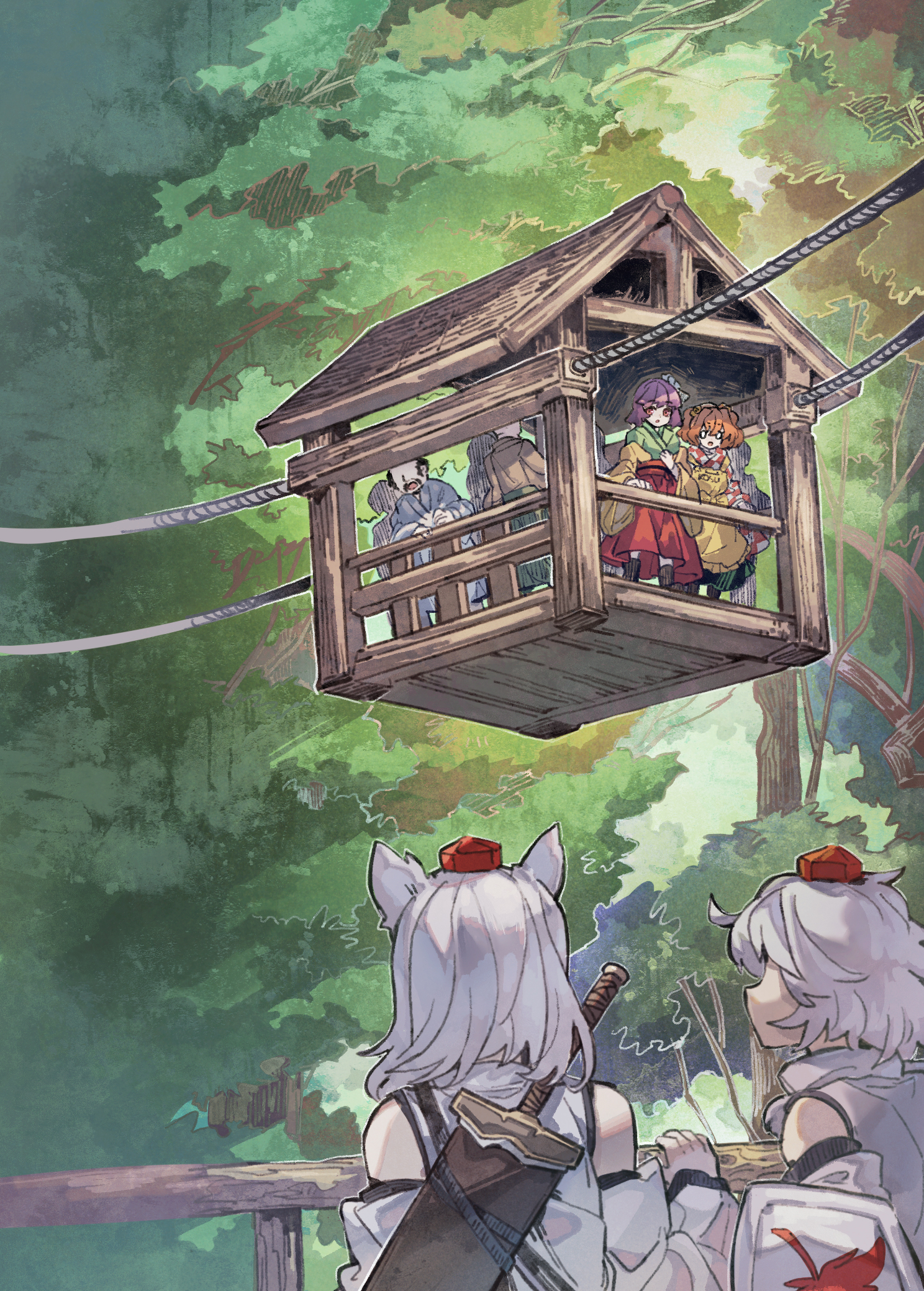 shishui guima, hieda no akyuu, inubashiri momiji, motoori kosuzu, touhou, highres, 4girls, aerial tram, animal ears, apron, checkered clothes, checkered kimono, detached sleeves, green kimono, hat, japanese clothes, kimono, multiple girls, orange hair, outdoors, people, purple hair, shirt, tokin hat, white shirt