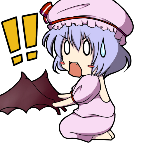 remilia scarlet, touhou, lowres, !, !!, 0 0, 1girl, bat wings, blank eyes, blush stickers, d:, d:<, detached wings, fang, female focus, hat, looking at viewer, open mouth, puffy short sleeves, puffy sleeves, short sleeves, simple background, sitting, solo, sweatdrop, v-shaped eyebrows, white background, wings