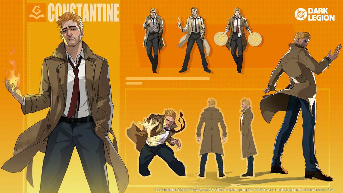 john constantine, constantine (series), dc comics, concept art, official art, blonde hair, coat, collared shirt, dc: dark legion, facial hair, full body, magic circle, male focus, multiple views, pectorals, reference sheet, shirt, short hair, simple background, standing, stubble, trench coat, turnaround, white shirt