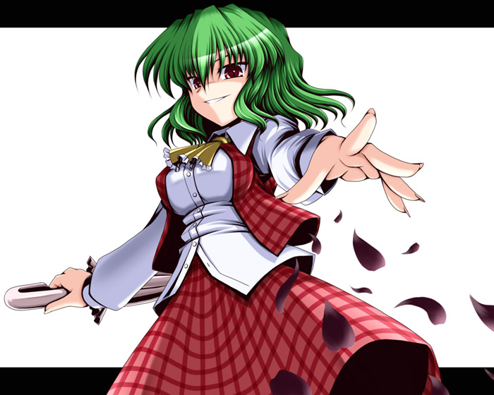 bococho, kazami yuuka, touhou, 1girl, ascot, breasts, closed umbrella, female focus, foreshortening, green hair, impossible clothes, impossible shirt, large breasts, letterboxed, petals, plaid clothes, plaid skirt, plaid vest, red eyes, shirt, short hair, skirt, skirt set, slit pupils, smirk, solo, umbrella, vest, white background