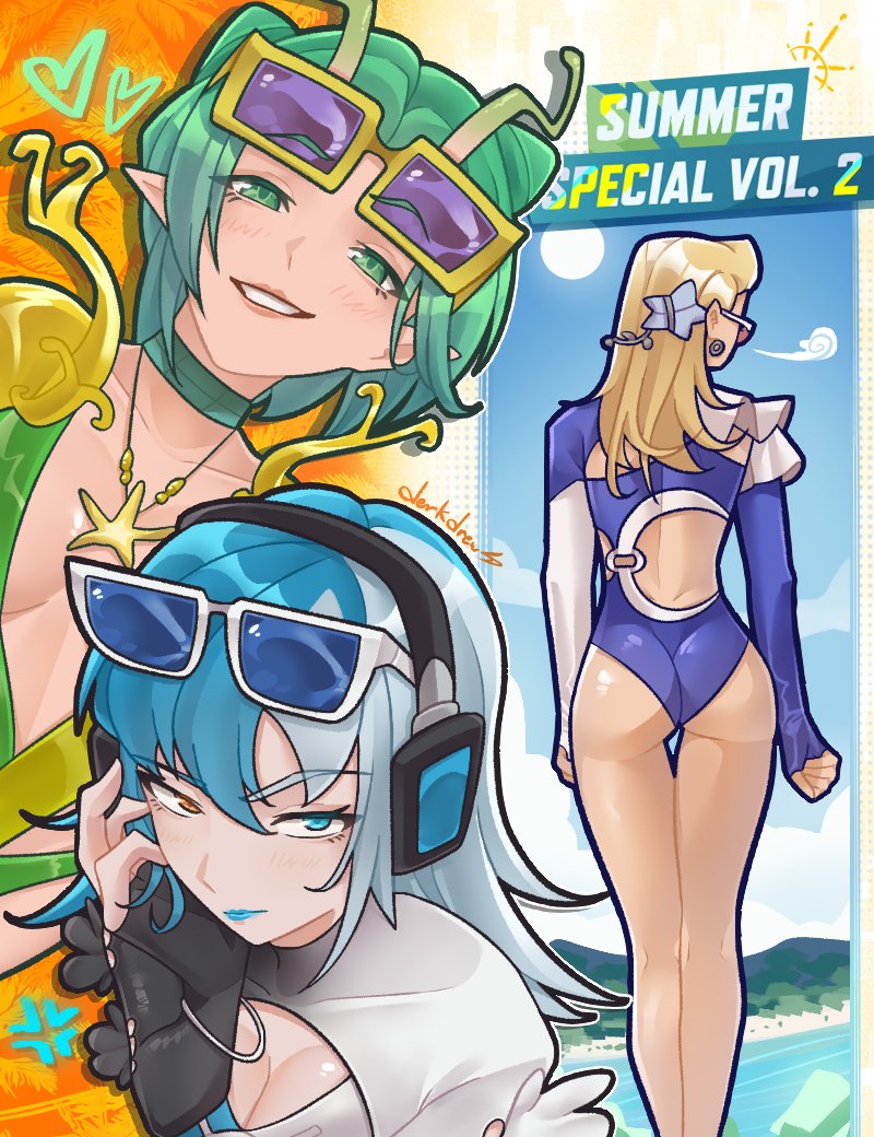 derkdrew124, luna snow, luna snow (cool summer), mantis (marvel), mantis (oceanic harmony) (marvel), sue storm, sue storm (azure shade), fantastic four, guardians of the galaxy, marvel, marvel rivals, 3girls, ass, back, blonde hair, blue eyes, blue hair, blush, bodysuit, breasts, cleavage, earrings, gloves, heterochromia, jewelry, large breasts, long hair, looking at viewer, multicolored hair, multiple girls, official alternate costume, one-piece swimsuit, smile, split-color hair, sunglasses, swimsuit, two-tone hair, white hair, yuri