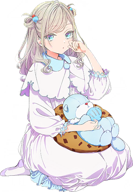 ceras yanagida lilienfeld, link! like! love live!, love live!, game cg, non-web source, official art, 1girl, blue eyes, capelet, ceras yanagida lilienfeld (birthday present), collared capelet, contrast collar, dress, frilled dress, frills, full body, grey hair, hair rings, long dress, looking at viewer, official alternate costume, parted lips, rounded collar, seiza, simple background, sitting, solo, stuffed animal, stuffed food, stuffed otter, stuffed toy, three-quarter sleeves, transparent background, two side up, virtual youtuber, white capelet, white dress