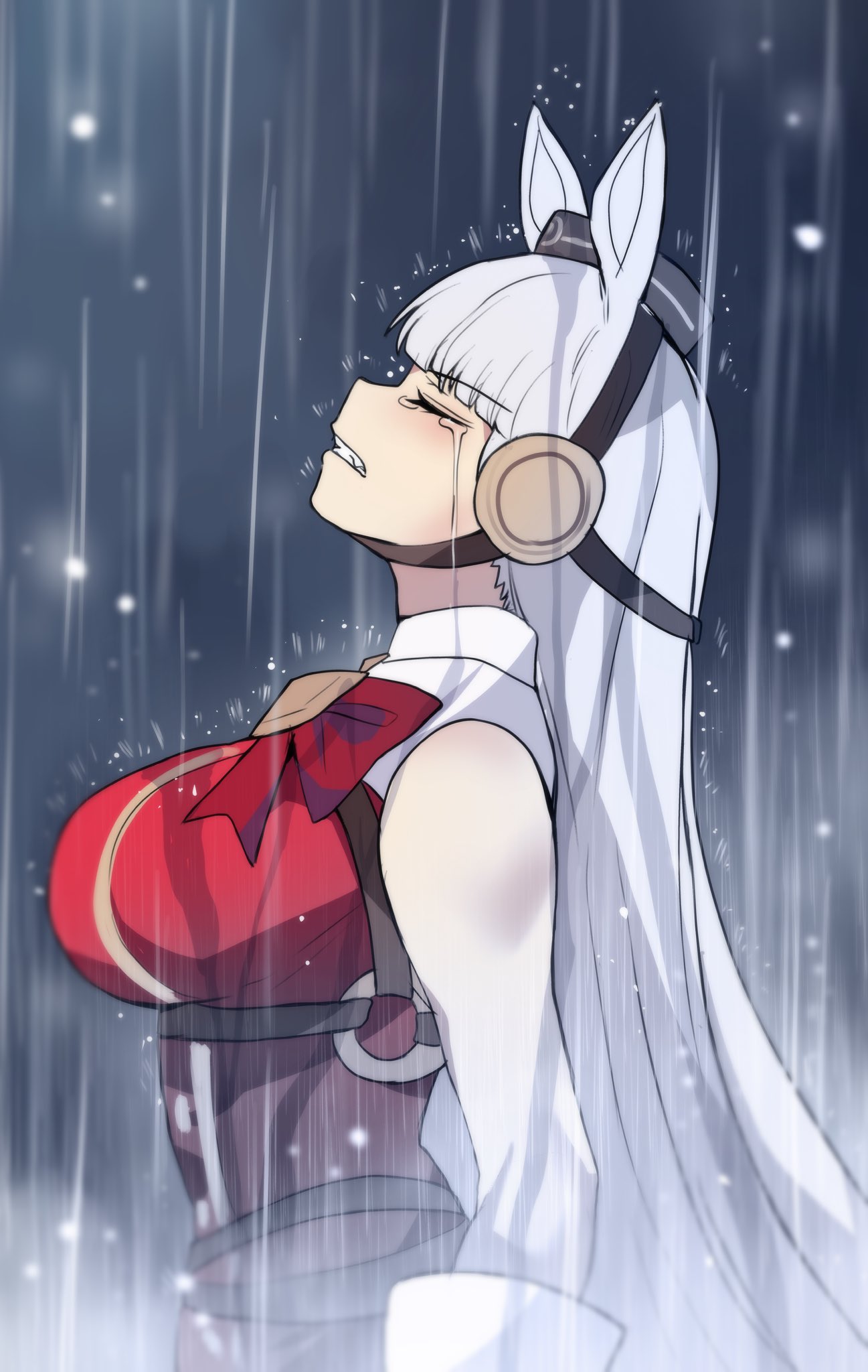 hinghoi, gold ship (red strife) (umamusume), gold ship (umamusume), umamusume, commentary, english commentary, highres, textless version, 1girl, animal ears, bow, breasts, brown hat, dress, ear bow, ear ribbon, gloves, grey hair, hat, horse ears, horse girl, long hair, pillbox hat, rain, red dress, sleeveless, sleeveless dress, solo, tears, white gloves
