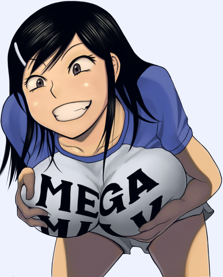 shiden akira, hinnyuu kyonyuu history, original, breast hold, colored, eyebrows, grabbing, meme attire, colorized, 1girl, black eyes, black hair, breasts, breasts squeezed together, clothes writing, cross-eyed, eyelashes, fang, grabbing another's breast, grabbing own breast, grin, hair ornament, hairclip, huge breasts, imageboard colors, leaning forward, long hair, matching hair/eyes, mega milk, raglan sleeves, shirt, shorts, simple background, smile, solo, t-shirt, teeth, white background