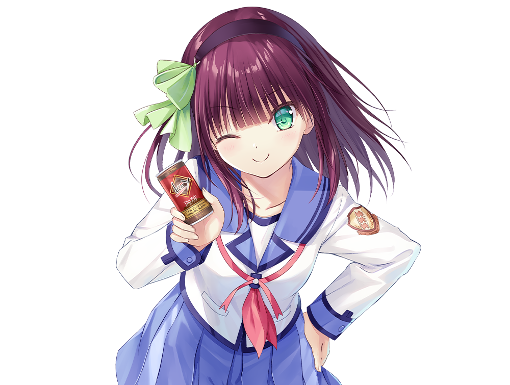 nakamura yuri, angel beats!, official art, 1girl, ;), blue skirt, can, closed mouth, collarbone, drink can, green eyes, green ribbon, hair ribbon, hairband, hand on own hip, holding, holding can, long sleeves, looking at viewer, medium hair, neck ribbon, one eye closed, pink ribbon, pleated skirt, purple hair, purple hairband, ribbon, school uniform, shinda sekai sensen uniform, shirt, simple background, skirt, smile, solo, tachi-e, transparent background, white shirt