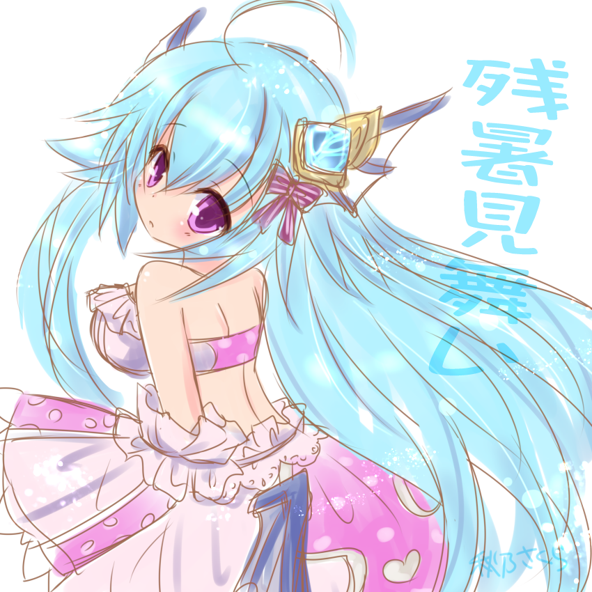 akino sakura, lorelei lore, emil chronicle online, 1girl, ahoge, blue hair, breasts, detached sleeves, frilled sleeves, frills, from behind, hair ribbon, horns, large breasts, looking back, mermaid, monster girl, pink skirt, pink sleeves, pink tube top, purple eyes, red ribbon, ribbon, skirt, solo, strapless, tube top, white background, wide sleeves, zanshomimai