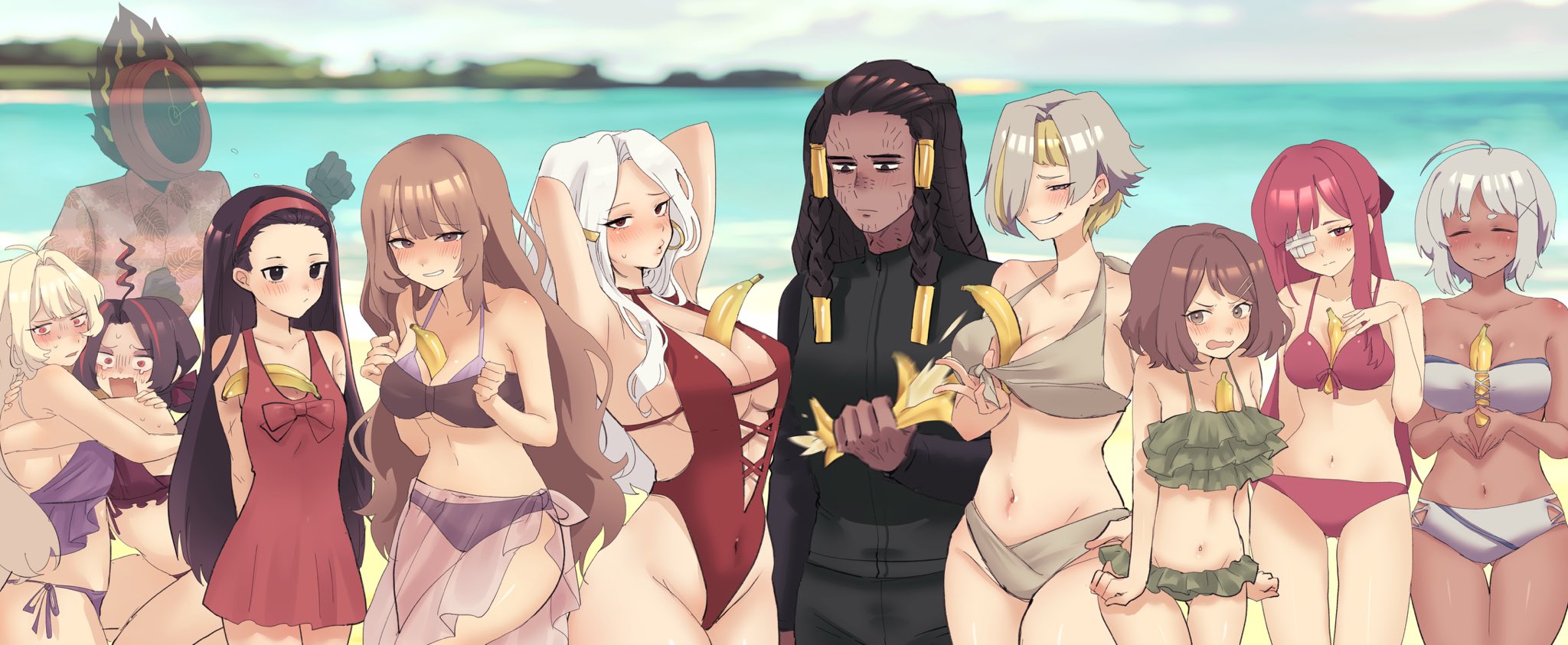 bangohan tsubuyakitarou, aya (project moon), catherine (project moon), dante (limbus company), dulcinea (project moon), kromer (project moon), nicolina (project moon), shrenne (project moon), yuri (project moon), limbus company, project moon, highres, 1other, 6+girls, aeng-du (project moon), ahoge, armpits, banana, bare arms, bare hips, bare legs, bare shoulders, beach, bikini, black eyes, black hair, blush, breasts, brown eyes, casual one-piece swimsuit, closed eyes, dark-skinned female, dark skin, diving suit, earrings, embarrassed, expressionless, feet out of frame, food, frilled bikini, frills, front-tie bikini top, front-tie top, fruit, grey bikini, hair ornament, hairband, hawaiian shirt, hug, jewelry, knees out of frame, large breasts, long hair, medium breasts, medium hair, mother and daughter, multi-strapped swimsuit, multicolored hair, multiple expressions, multiple girls, navel, nervous smile, ocean, one-piece swimsuit, open mouth, purple bikini, red bikini, red eyes, red one-piece swimsuit, sarong, scared, seductive smile, see-through clothes, shiny skin, shirt, short hair, side-tie bikini bottom, small breasts, smee (project moon), smile, swimsuit, tall female, tearing up, teeth, thighs, white hair