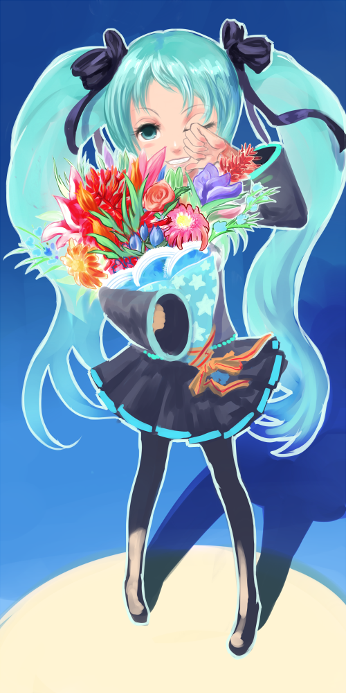 kansou samehada, hatsune miku, vocaloid, bad id, bad pixiv id, 1girl, aqua eyes, aqua hair, female focus, flower, long hair, one eye closed, pantyhose, smile, solo, twintails, very long hair, wink