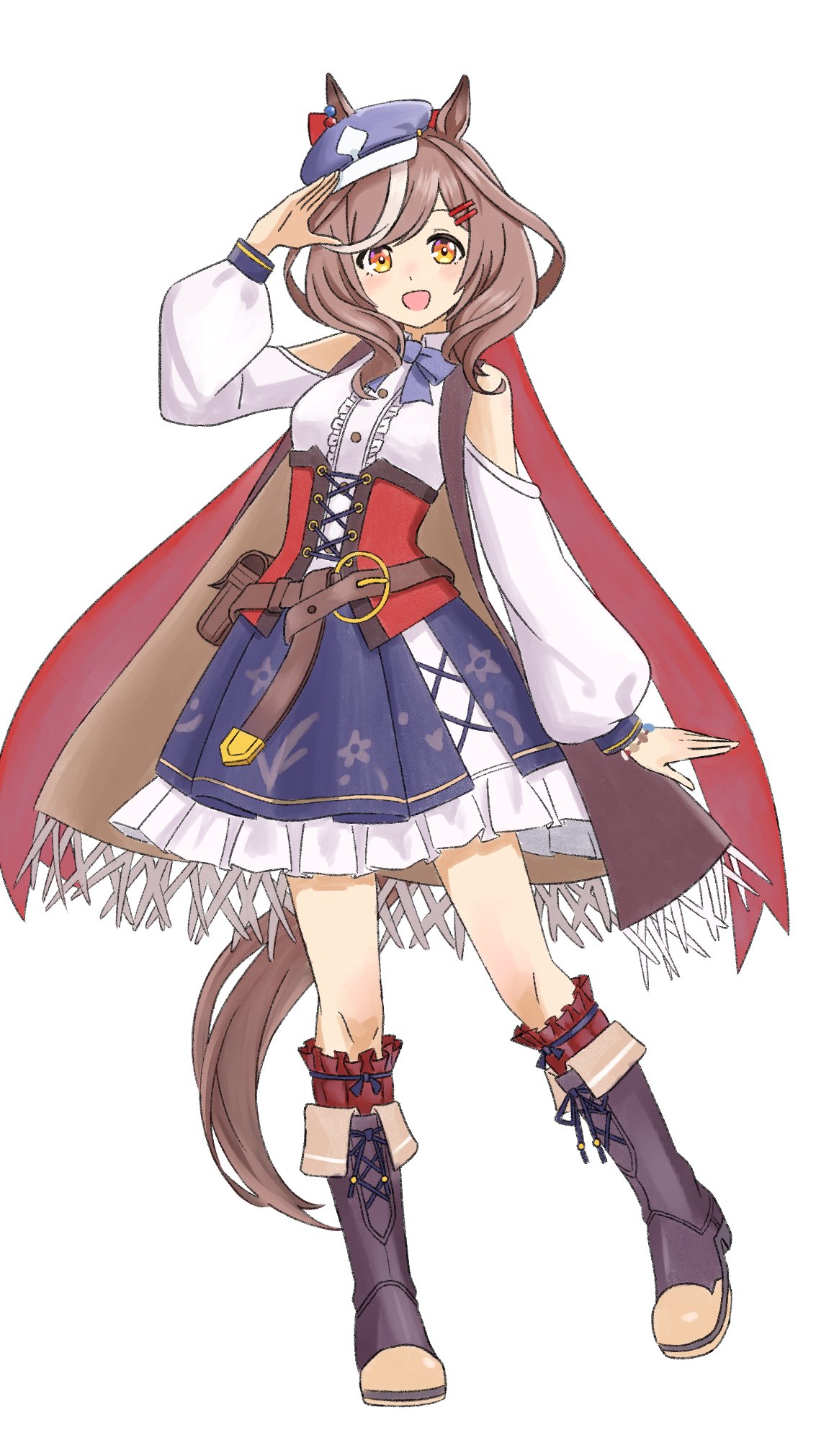 benjamin (user cajx4852), matikanetannhauser (panpaka tiltott) (umamusume), matikanetannhauser (umamusume), umamusume, highres, 1girl, animal ears, belt bag, blush, breasts, brown hair, ear covers, ear ornament, ears through headwear, hair ornament, hat, horse ears, horse girl, horse tail, long hair, looking at viewer, medium breasts, medium hair, multicolored hair, newsboy cap, open mouth, smile, solo, streaked hair, tail, tilted headwear