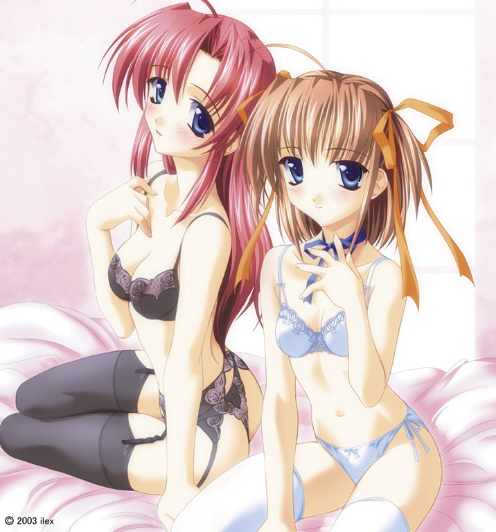 asakura nemu, shirakawa kotori, da capo, da capo i, non-web source, 00s, 2girls, blue eyes, blush, bra, brown hair, choker, garter belt, lingerie, long hair, multiple girls, panties, red hair, side-tie panties, thighhighs, thong, underwear, underwear only