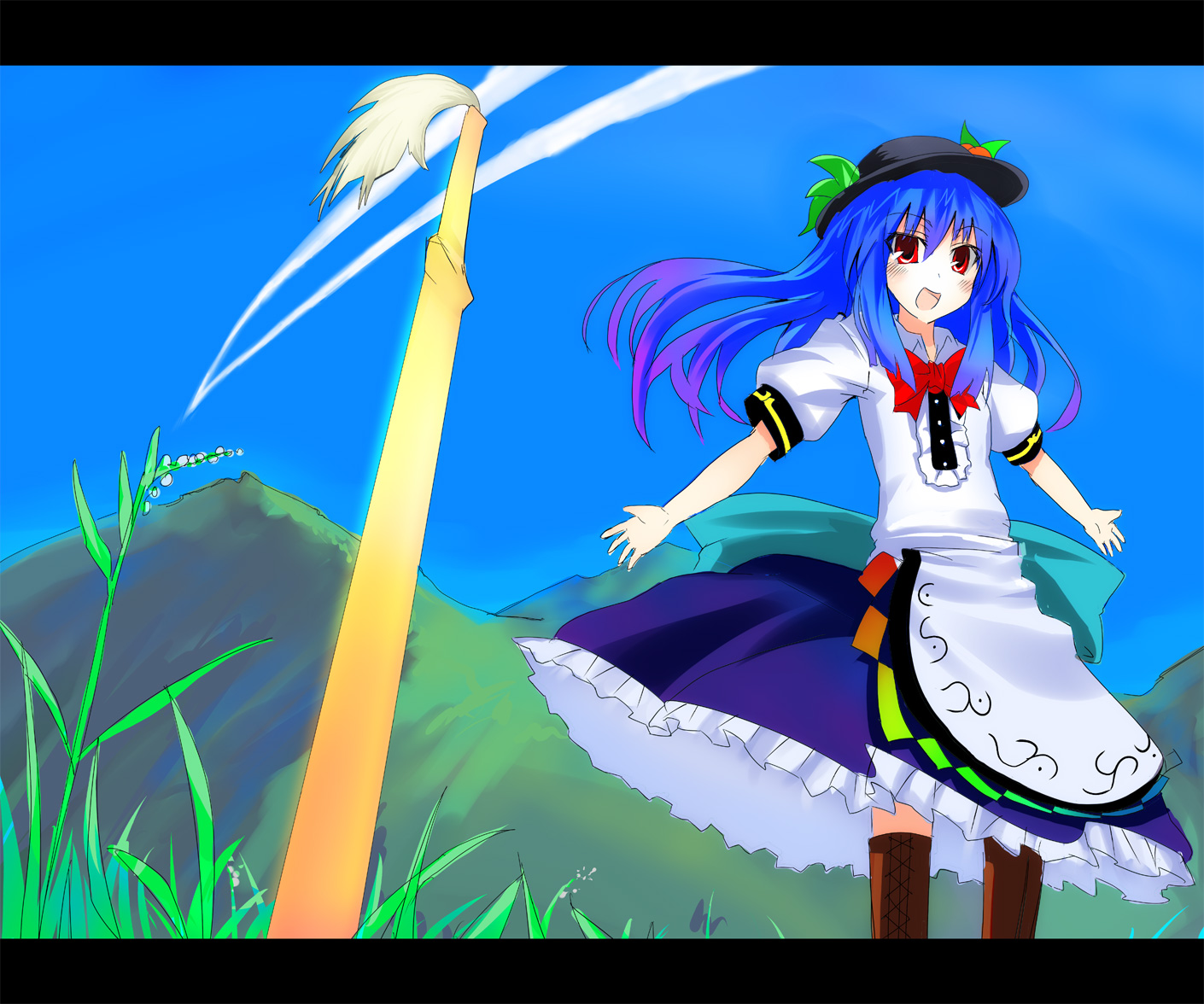 gotyou, hinanawi tenshi, touhou, bad id, bad pixiv id, 1girl, blue hair, female focus, food, fruit, hat, leaf, letterboxed, peach, red eyes, solo, sword, sword of hisou, weapon