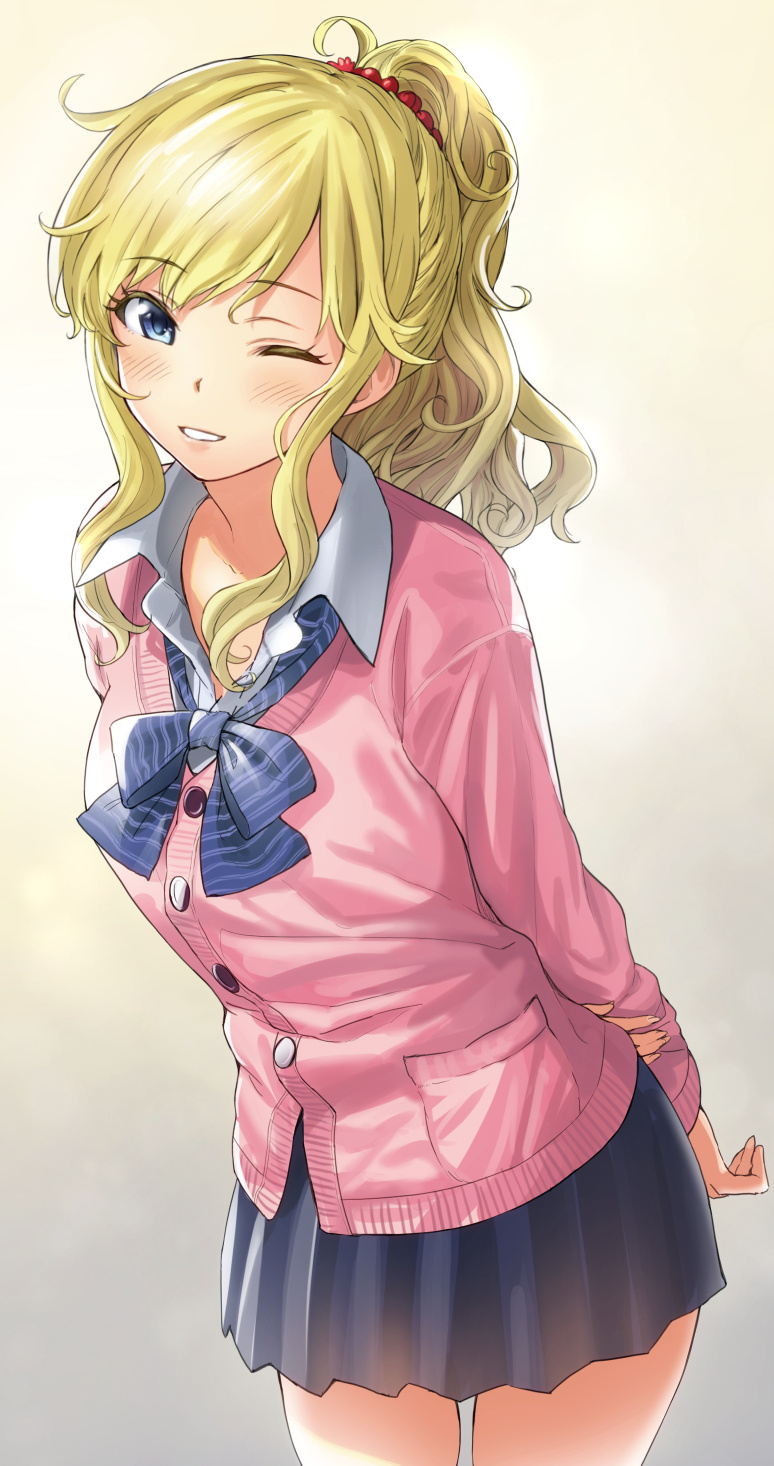 yoropa, ohtsuki yui, idolmaster, idolmaster cinderella girls, highres, revision, 1girl, ;), black skirt, blonde hair, blue eyes, cardigan, cowboy shot, long hair, looking at viewer, miniskirt, one eye closed, parted lips, pink cardigan, pleated skirt, ponytail, school uniform, sidelocks, skirt, smile, solo, wavy hair