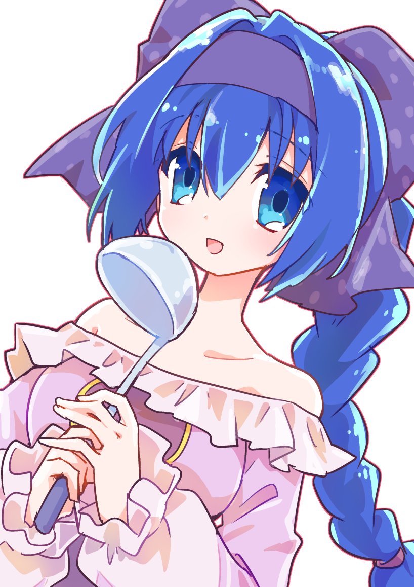 yusa yuyu, emil chronicle online, 1girl, bandana, bare shoulders, blue bandana, blue eyes, braid, dress, holding, holding ladle, ladle, long hair, melty (eco), off shoulder dress, open mouth, purple dress, solo, upper body, white background