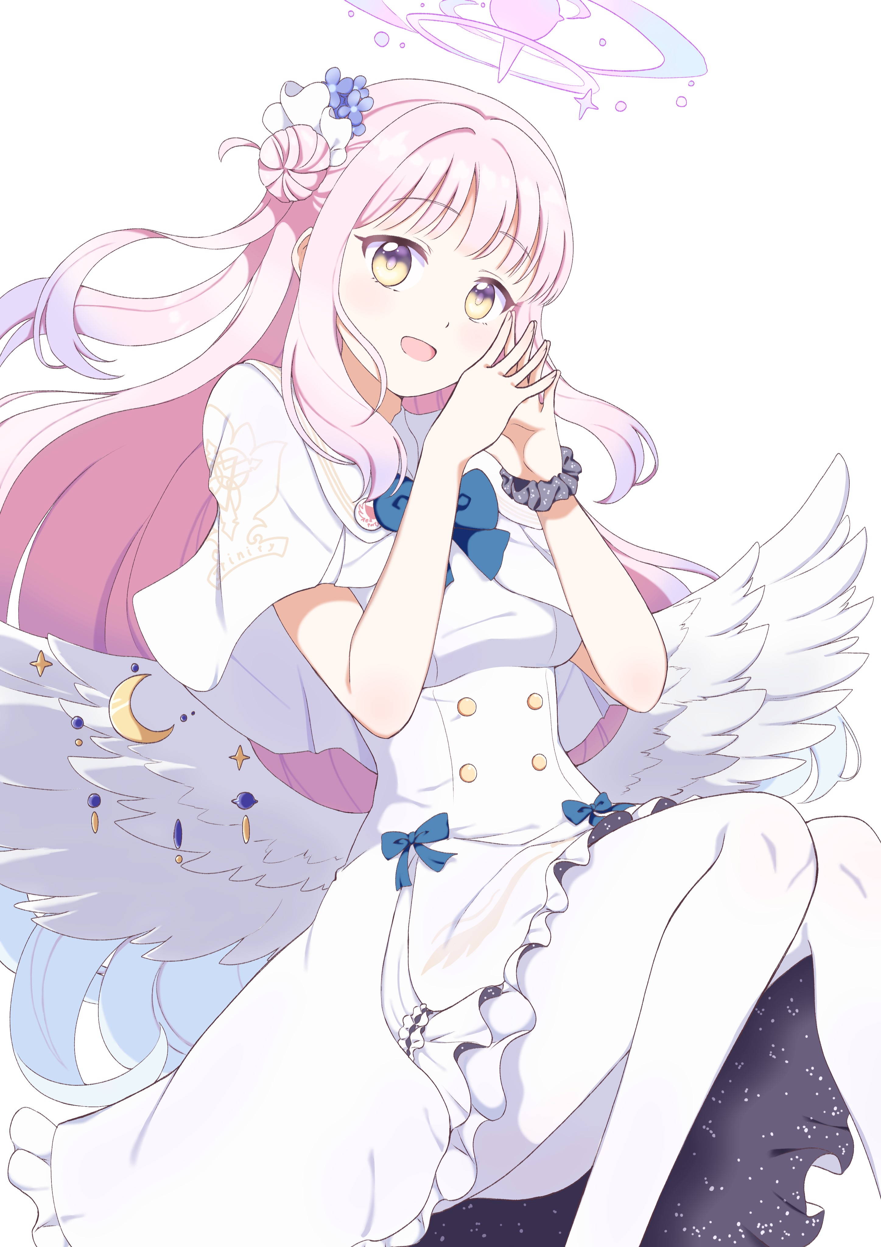bd29ki, mika (blue archive), blue archive, absurdres, highres, 1girl, angel wings, blue bow, blue bowtie, bow, bowtie, breasts, buttons, capelet, dress, feathered wings, flower, hair bun, hair flower, hair ornament, halo, low wings, open mouth, pantyhose, pink hair, scrunchie, simple background, single hair bun, single side bun, smile, solo, white background, white capelet, white dress, white pantyhose, white wings, wing ornament, wings, wrist scrunchie, yellow eyes