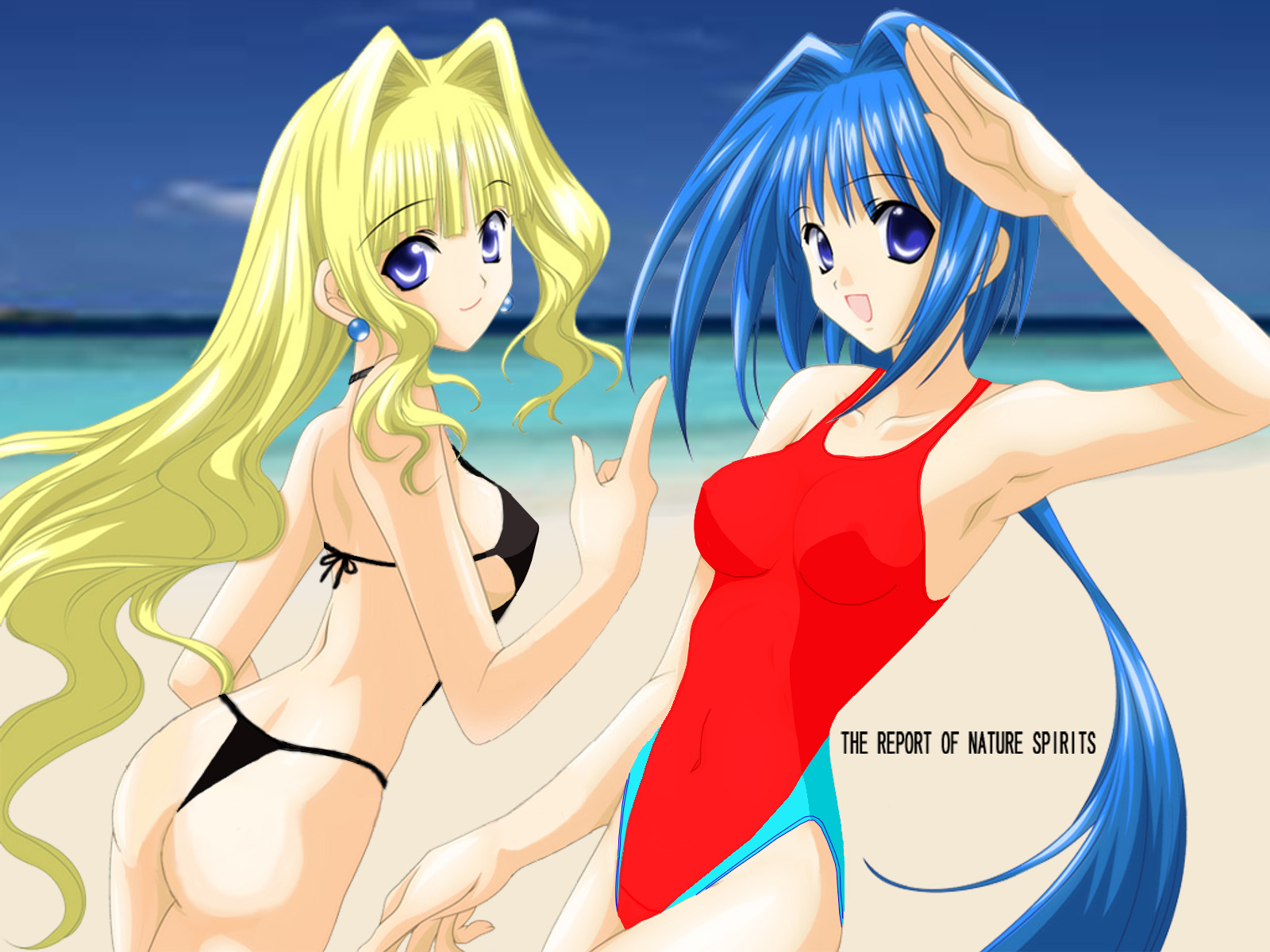 kishou seireiki, highres, jpeg artifacts, non-web source, third-party edit, 2girls, beach, bikini, blonde hair, blue eyes, blue hair, day, english text, hair intakes, long hair, multiple girls, outdoors, ponytail, salute, short hair, string bikini, swimsuit, thong bikini