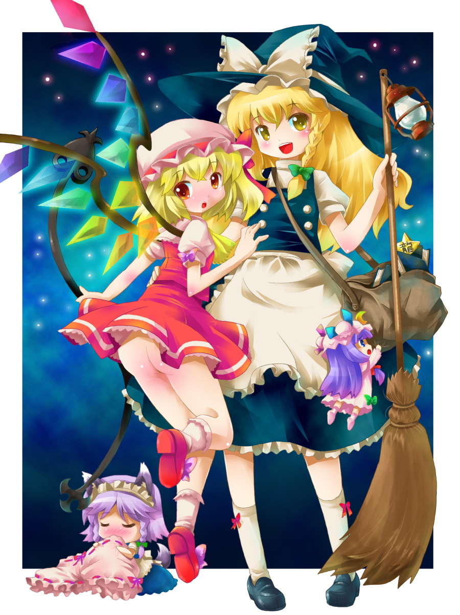 michii yuuki, flandre scarlet, inu sakuya (nejikirio), izayoi sakuya, kirisame marisa, patchouli knowledge, touhou, bad id, bad pixiv id, highres, 4girls, animal ears, ass, blonde hair, bloomers, blush, broom, dog ears, dog tail, female focus, hat, kemonomimi mode, mob cap, multiple girls, no panties, tail, underwear, wings, witch hat