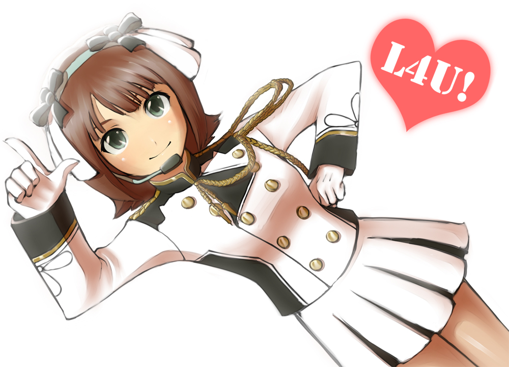 amami haruka, idolmaster, idolmaster (classic), 00s, band uniform, brown hair, green eyes, hair ribbon, headset, heart, majorette, microphone, ribbon, short hair, solo