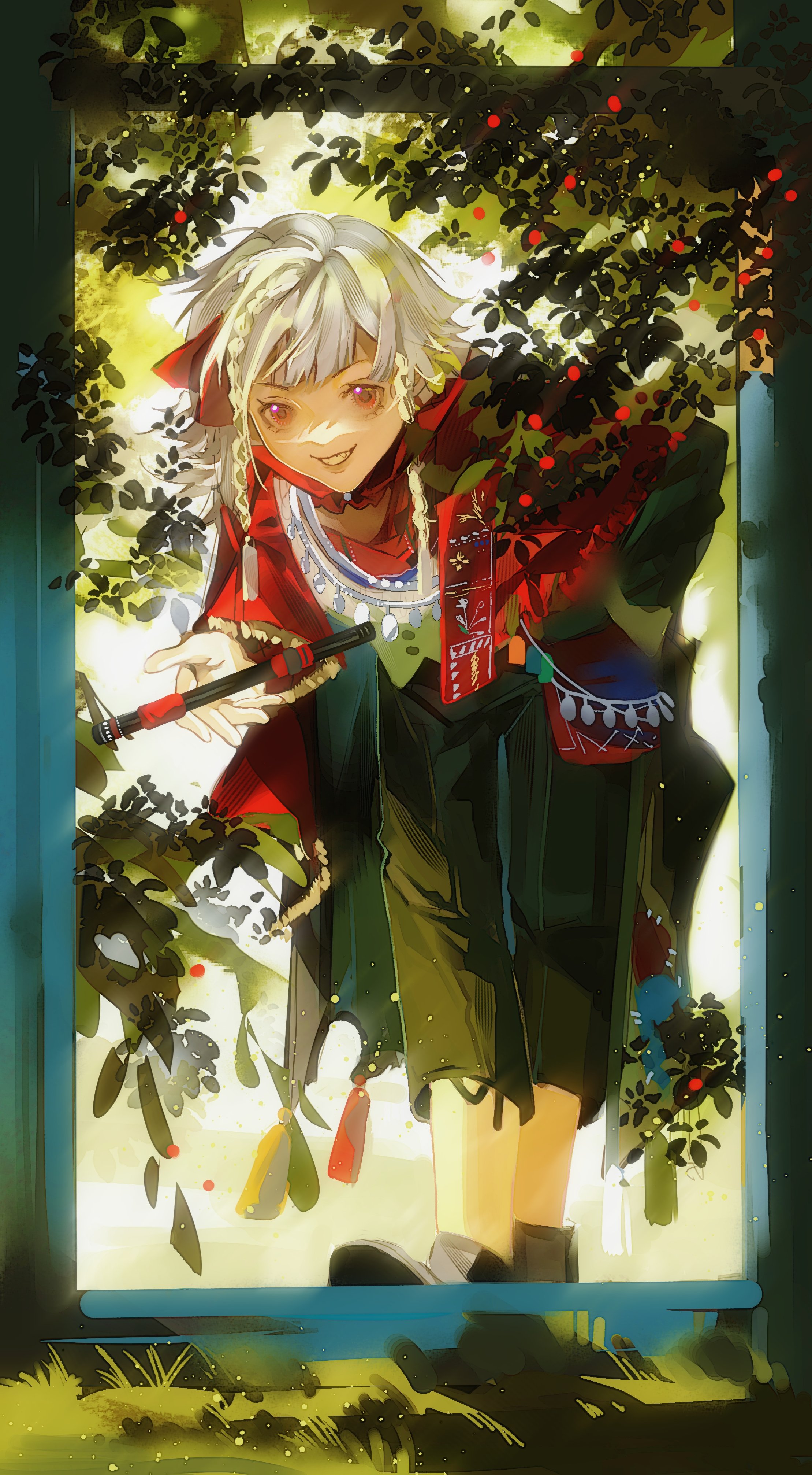 biquan dogger, rubuska, reverse:1999, absurdres, highres, 1girl, ankle boots, bent over, black boots, black coat, black pants, boots, coat, flute, full body, grass, grin, holding, holding flute, holding instrument, instrument, jacket, looking at viewer, pants, plant, red eyes, red scarf, scarf, smile, solo, standing, teeth, white hair, white jacket