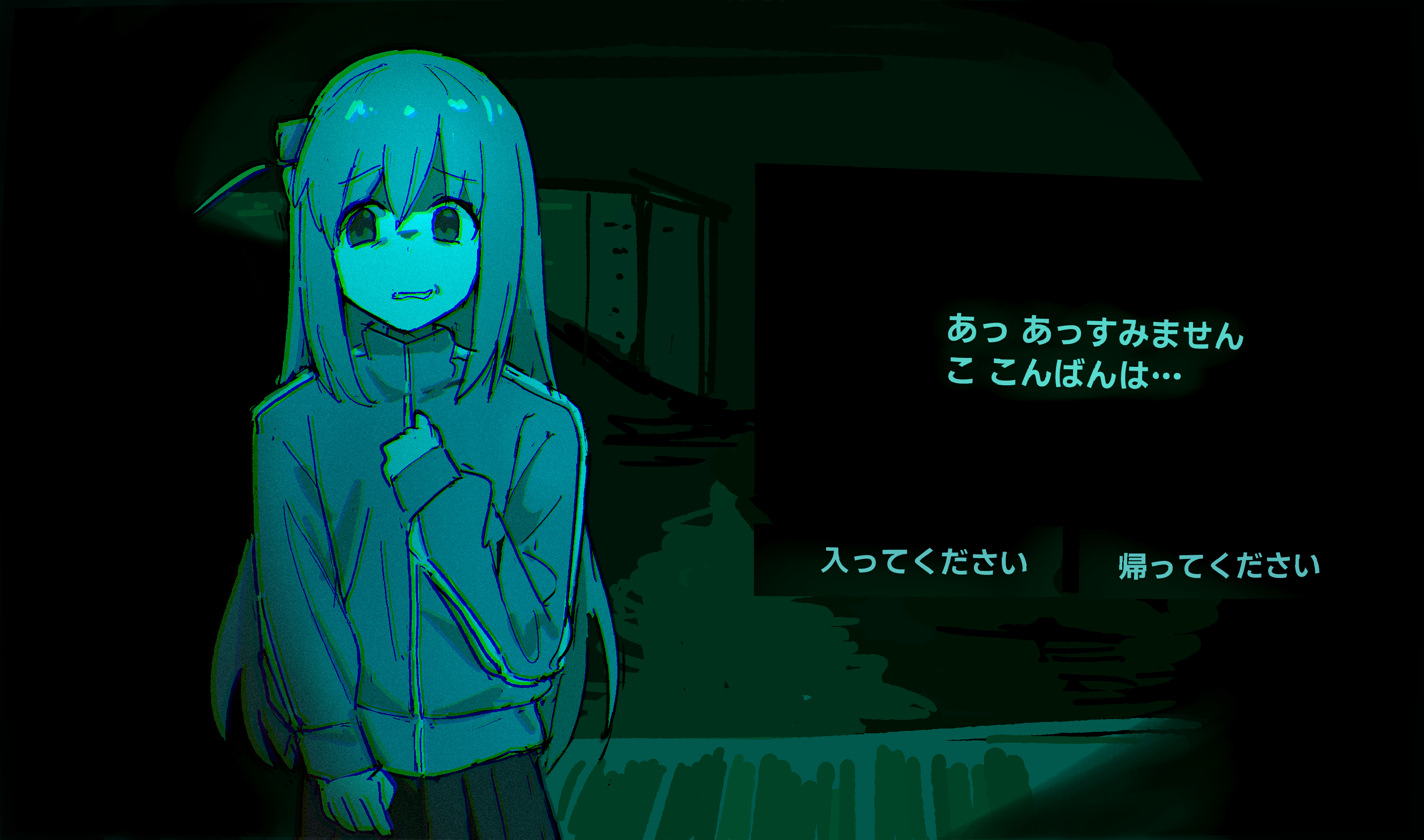 tenten (chan4545), gotoh hitori, bocchi the rock!, no i'm not a human, highres, 1girl, alternate color, black skirt, cube hair ornament, dark background, forced smile, hair ornament, hand on own chest, jacket, long hair, long sleeves, meme, one side up, open mouth, skirt, track jacket