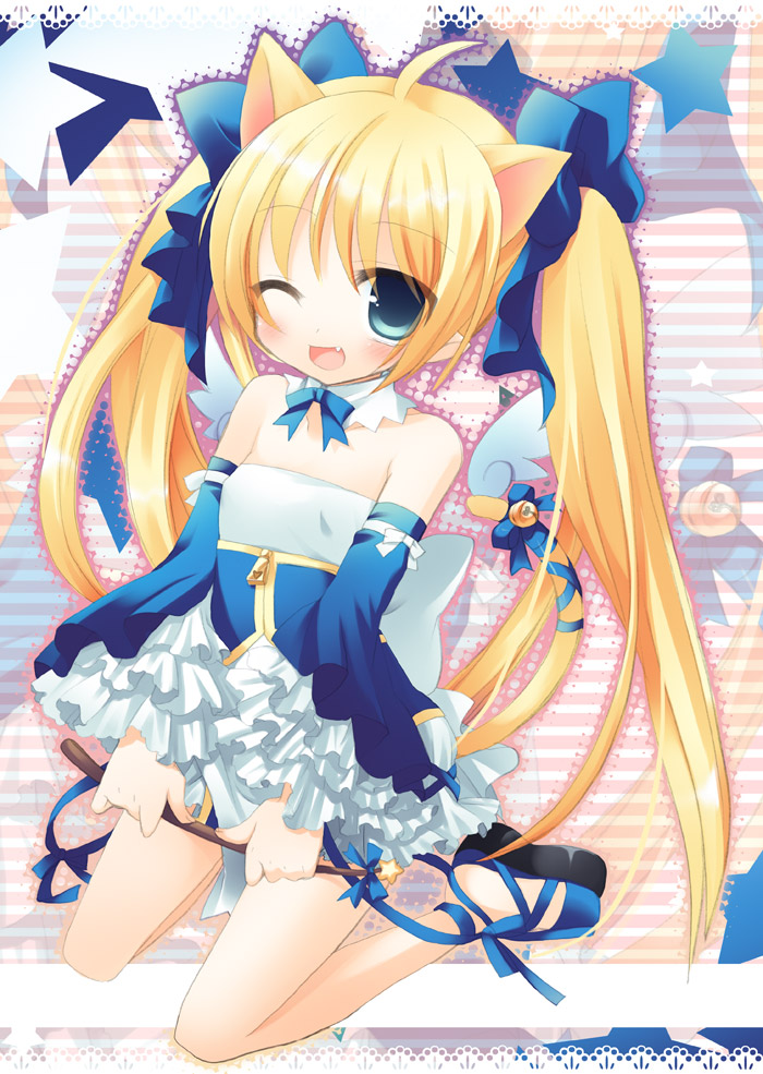 sazaki ichiri, original, bad id, bad pixiv id, animal ears, bell, blonde hair, blue eyes, cat ears, cat tail, detached sleeves, fang, long hair, one eye closed, ribbon, solo, tail, twintails, wand, wings, wink