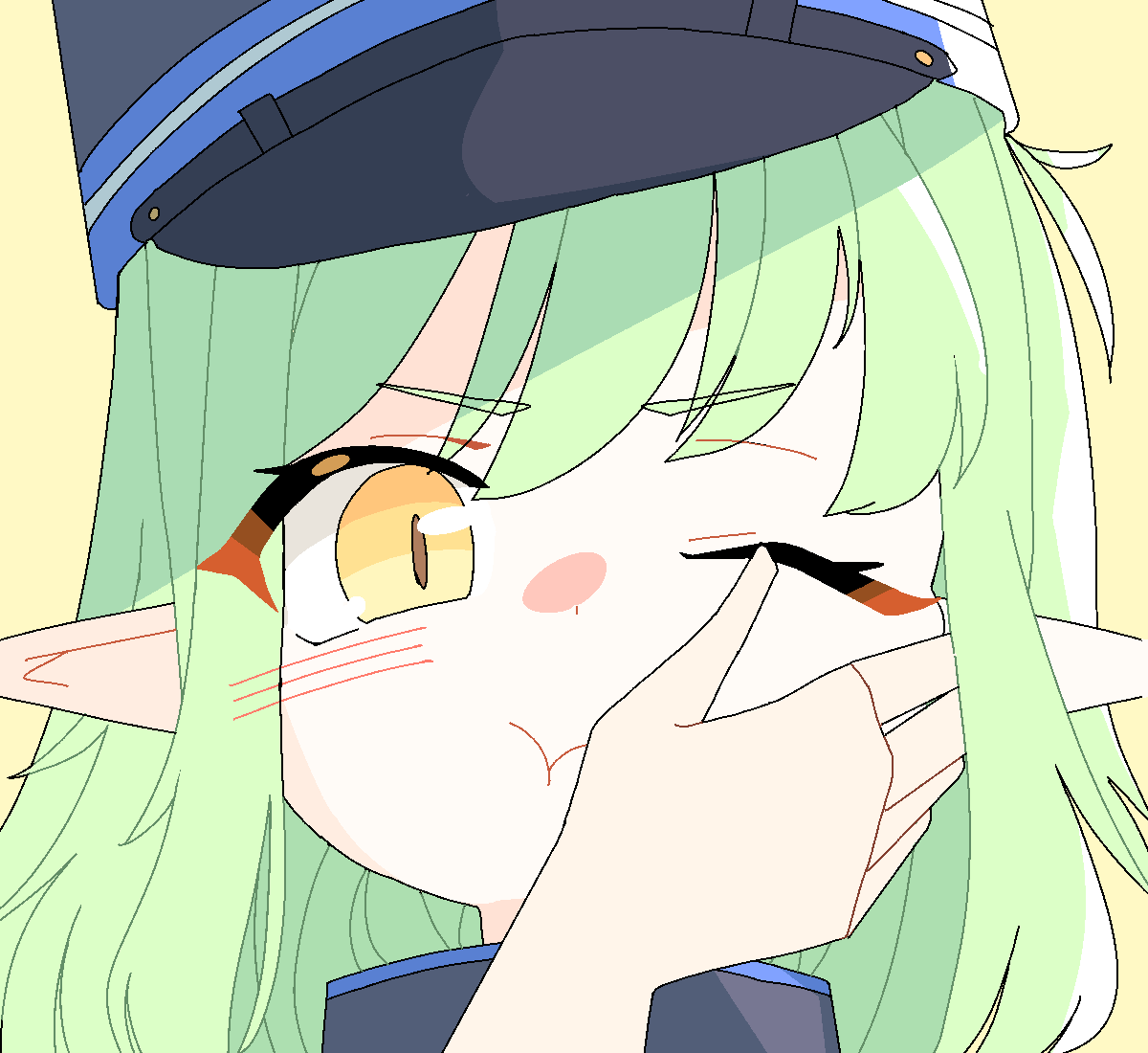 dthmns, hikari (blue archive), blue archive, animated, animated gif, 1girl, 1other, cheek press, closed mouth, ear wiggle, green hair, hat, long hair, looking at viewer, one eye closed, peaked cap, portrait, pout, simple background, solo focus, yellow background, yellow eyes