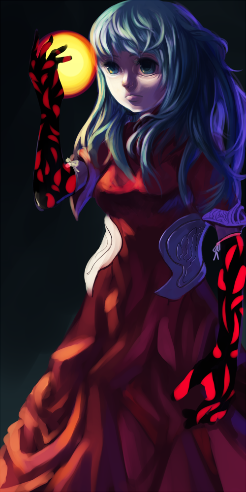 kansou samehada, original, bad id, bad pixiv id, dress, gloves, green eyes, green hair, magic, solo