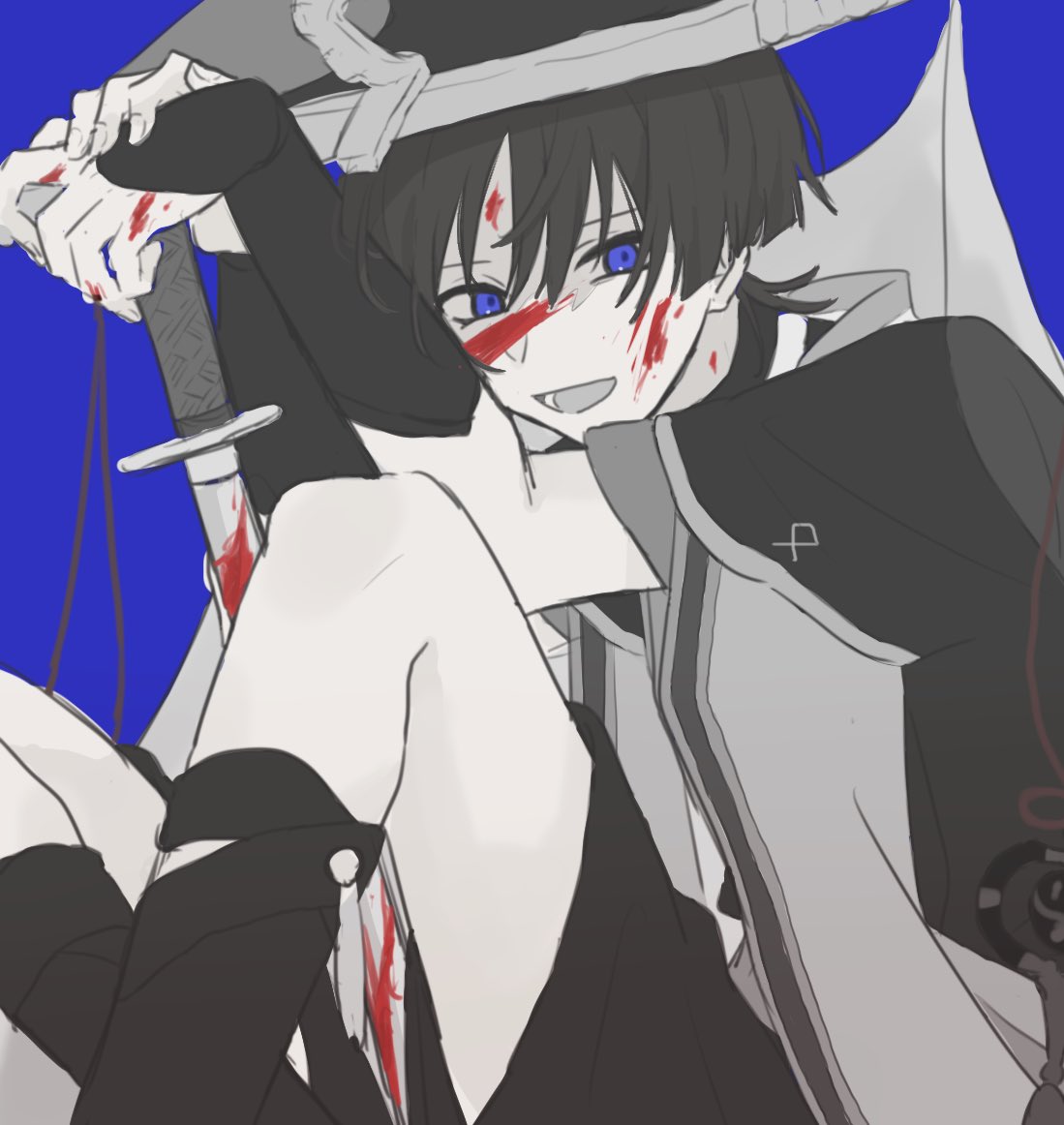 scaramouche (genshin impact), genshin impact, 1boy, armor, blood, blood on face, blood on hands, bloody weapon, blue background, blunt ends, fingernails, furisode, genchabuun, greyscale with colored background, hands up, hat, japanese armor, japanese clothes, jingasa, kimono, knees up, kote, layered sleeves, looking at viewer, lower teeth only, male focus, open hands, open mouth, planted, planted sword, planted weapon, purple eyes, short sleeves, shorts, sitting, solo, spot color, sword, tassel, teeth, tongue, tsurime, veil, weapon, wispy bangs