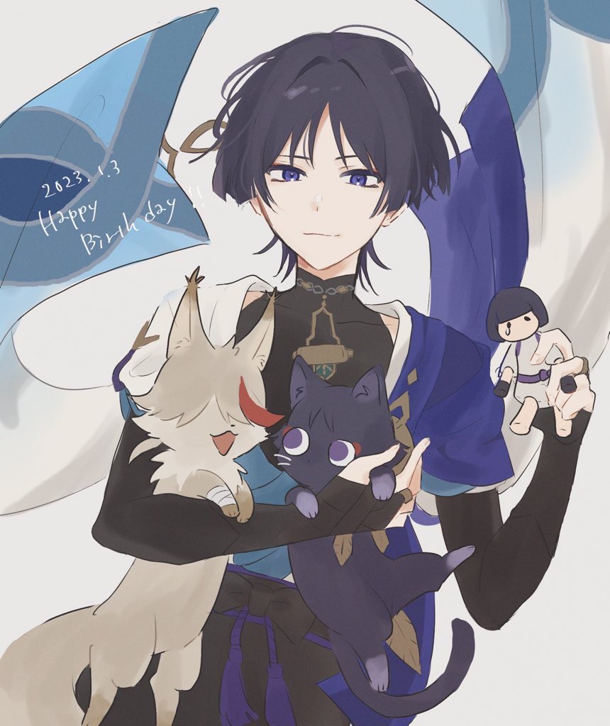 scaramouche (cat) (genshin impact), scaramouche (genshin impact), wanderer (genshin impact), genshin impact, 1boy, 2023, animal, animalization, armor, belt, black belt, black bodysuit, black bow, black bridal gauntlets, black hair, black shorts, blue kimono, blue sleeves, blunt ends, bodysuit, bow, bridal gauntlets, cape, cat, closed mouth, covered collarbone, dated, doll, eyeliner, eyeshadow, feathers, fingernails, furisode, genchabuun, gold, gold ring, hair intakes, hand up, happy birthday, holding, holding animal, holding cat, holding doll, japanese armor, japanese clothes, juban, kimono, kote, kurokote, layered sleeves, looking at viewer, makeup, male focus, mandarin collar, middle ring, niwa (genshin impact), open clothes, open kimono, person and animalization, purple cape, purple eyes, purple rope, purple sash, red eyeliner, red eyeshadow, rope, sash, short sleeves, shorts, shoulder peek, smile, stuffed toy, tassel, tsurime, white background, white kimono, white sleeves, wispy bangs, yellow feathers