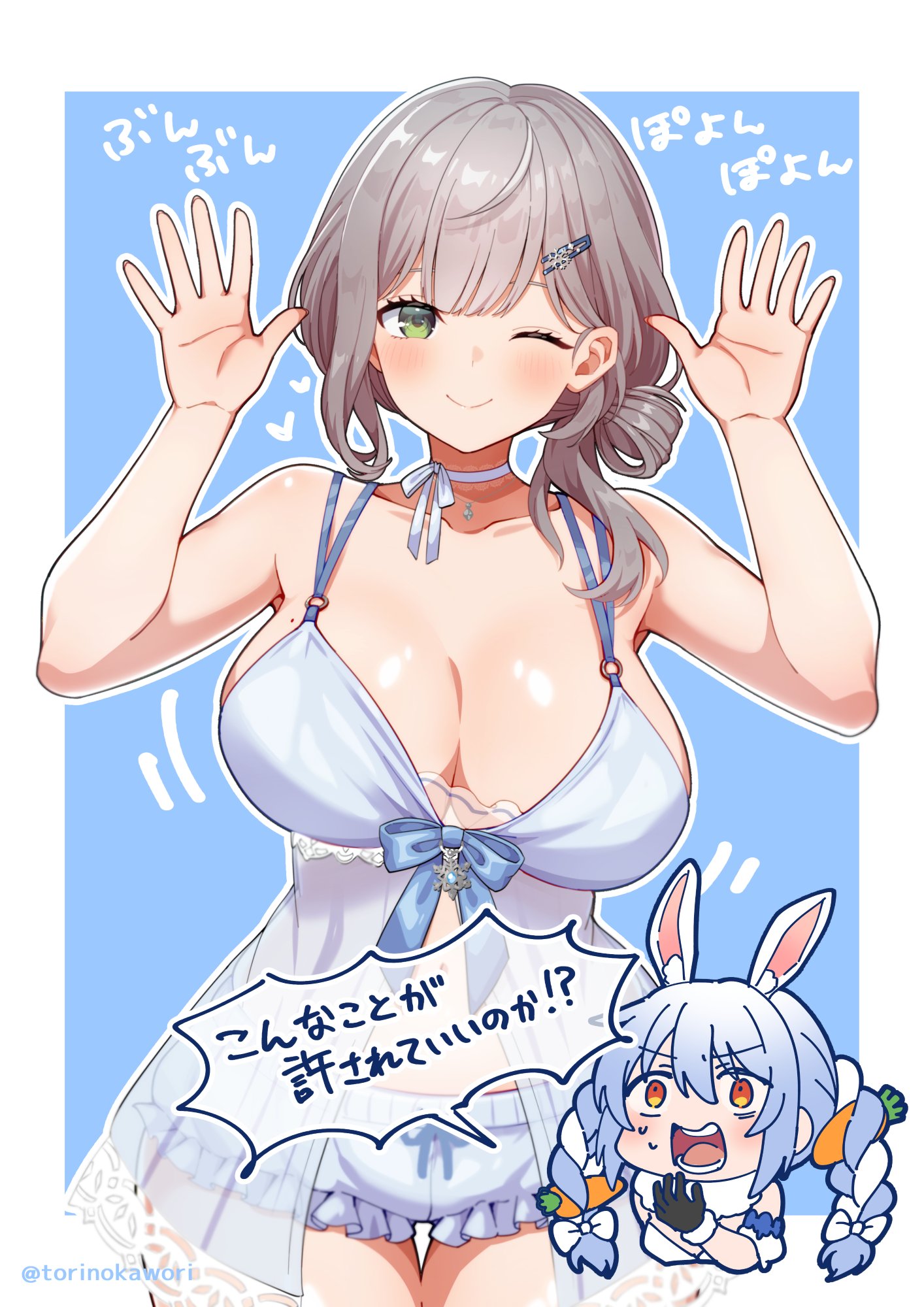 torinokawori, shirogane noel, shirogane noel (9th costume), usada pekora, usada pekora (1st costume), hololive, highres, translation request, 2girls, ;), babydoll, bloomers, blue babydoll, blue background, blue bloomers, border, breasts, chibi, chibi inset, cleavage, green eyes, grey hair, hair ribbon, hair rings, large breasts, medium hair, multiple girls, official alternate costume, one eye closed, ribbon, single hair ring, smile, underwear, white border