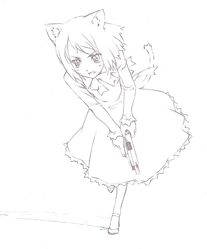 nyaou, 1girl, animal ears, cat ears, cat tail, cocking gun, female focus, greyscale, gun, handgun, monochrome, pistol, sketch, solo, tail, weapon