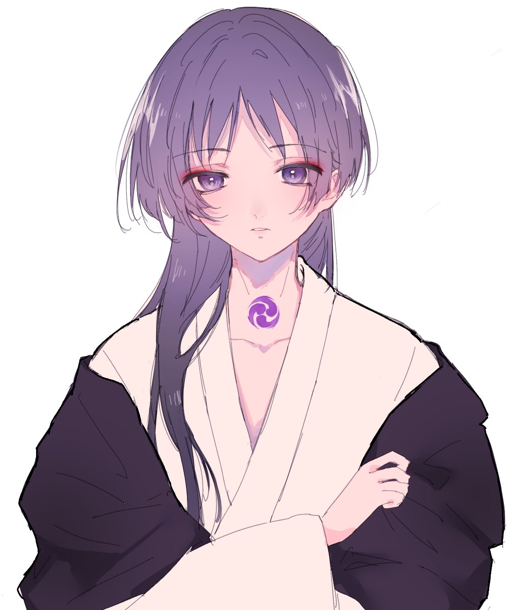 kuma zattadayo, kumayururi, scaramouche (genshin impact), scaramouche (kabukimono) (genshin impact), genshin impact, highres, 1boy, alternate hair length, alternate hairstyle, birthmark, black haori, collarbone, eyeliner, eyeshadow, hair over shoulder, hand up, haori, japanese clothes, kimono, long hair, long sleeves, looking at viewer, makeup, male focus, mitsudomoe (shape), parted lips, pink lips, purple eyes, purple hair, red eyeliner, red eyeshadow, solo, straight-on, tomoe (symbol), tsurime, upper body, white background, white kimono, white mouth, white sleeves, wispy bangs