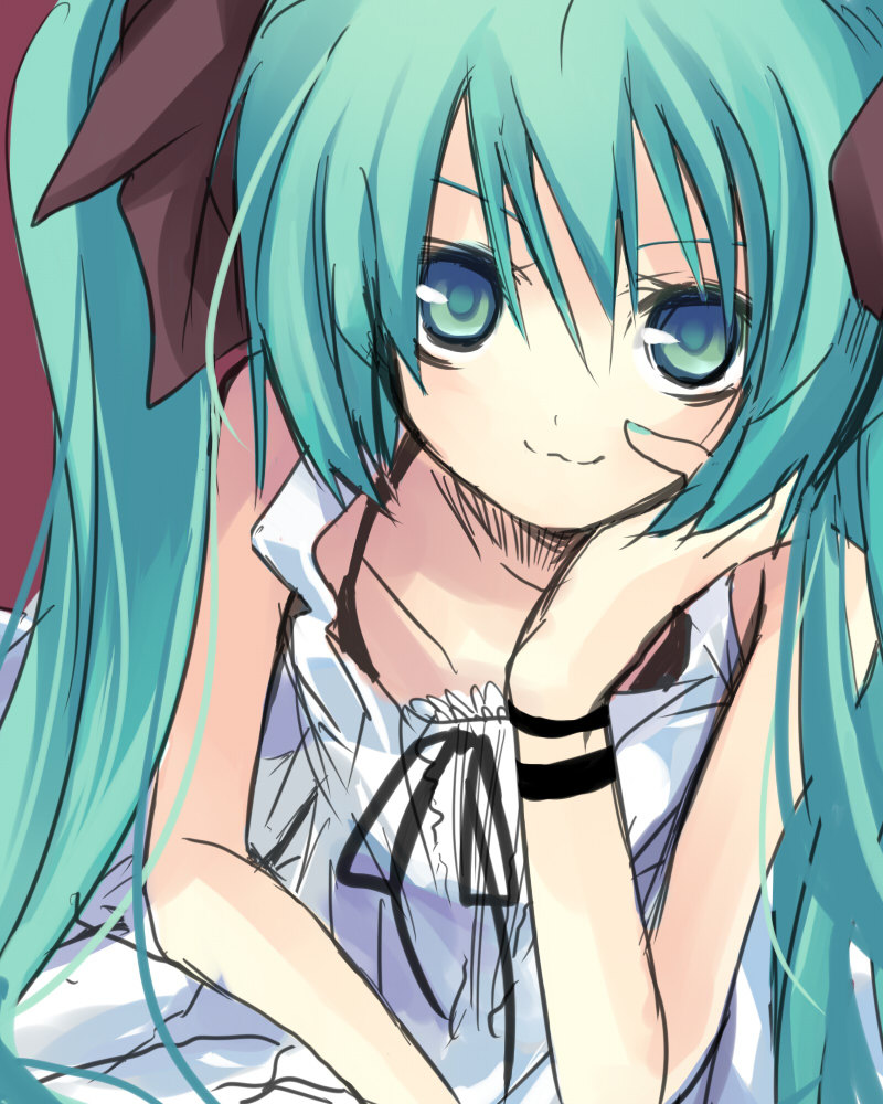 hanepochi, hatsune miku, vocaloid, world is mine (vocaloid), 1girl, :3, aqua hair, female focus, green eyes, green hair, long hair, matching hair/eyes, ribbon, solo, twintails