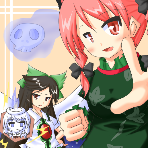 urushi, kaenbyou rin, reiuji utsuho, zombie fairy (touhou), touhou, 3girls, animal ears, arm cannon, black hair, blush, braid, brown eyes, cat ears, cat girl, cat tail, female focus, ghost, multiple girls, red eyes, red hair, ribbon, tail, twintails, weapon, wings