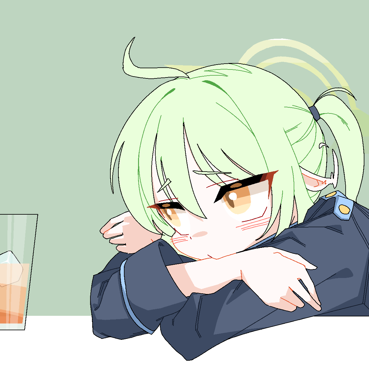 dthmns, nozomi (blue archive), blue archive, animated, animated gif, highres, 1girl, ahoge, ahoge wag, averting eyes, black jacket, blinking, cup, drinking glass, ear wiggle, expressive hair, green background, green hair, green halo, halo, jacket, long hair, long sleeves, looking at viewer, simple background, solo, yellow eyes