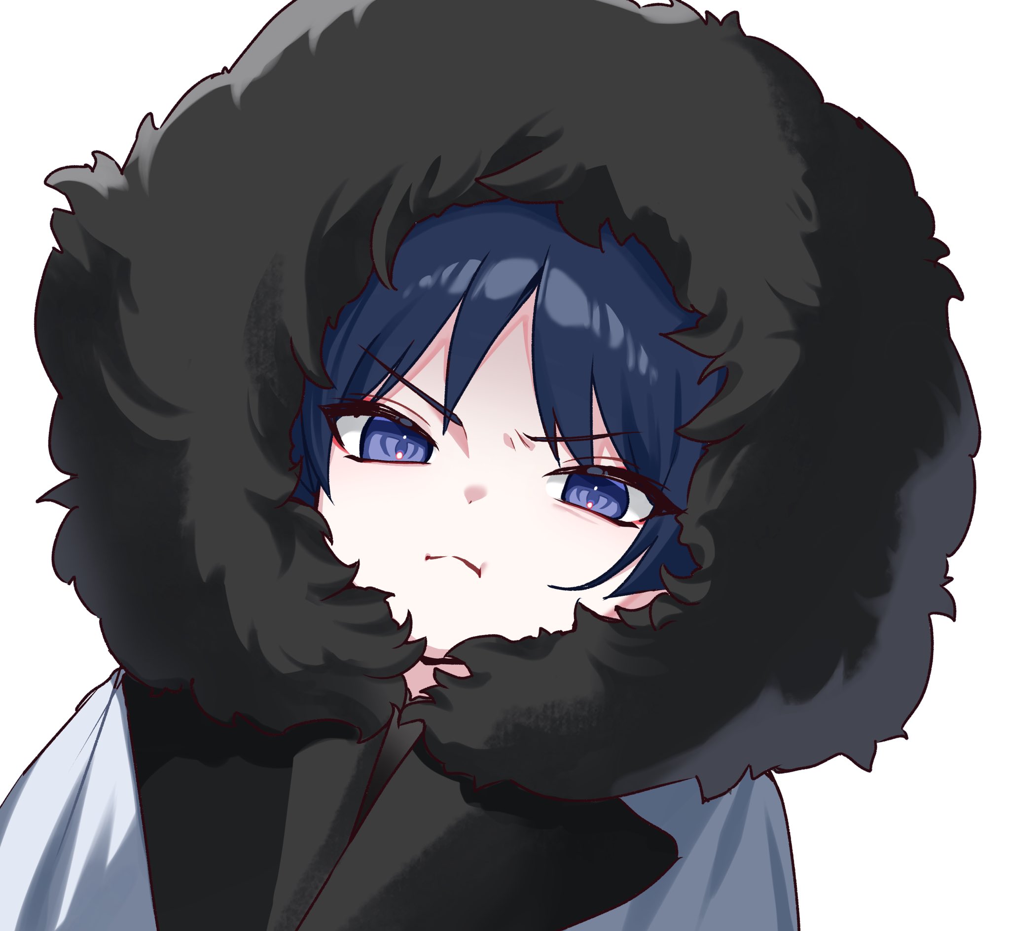 scaramouche (genshin impact), genshin impact, highres, 1boy, :t, black hair, closed mouth, coat, dutch angle, eyelashes, eyeliner, eyeshadow, fatui coat, frown, fur hood, furrowed brow, hood, hood up, lapels, looking at viewer, makeup, male focus, portrait, purple eyes, red eyeliner, red eyeshadow, solo, takura 0103, tsurime, white background, white coat, winter clothes, winter coat, wispy bangs