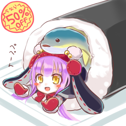 pepen alma, emil chronicle online, puzzle & dragons, lowres, 1girl, animal hood, blue capelet, blush stickers, capelet, fish on head, food, gloves, hood, in food, lying, makizushi, neck ribbon, on plate, open mouth, penguin girl, penguin hood, plate, purple hair, red gloves, red ribbon, ribbon, ruki aiuchi, sale, sushi, white background, yellow eyes