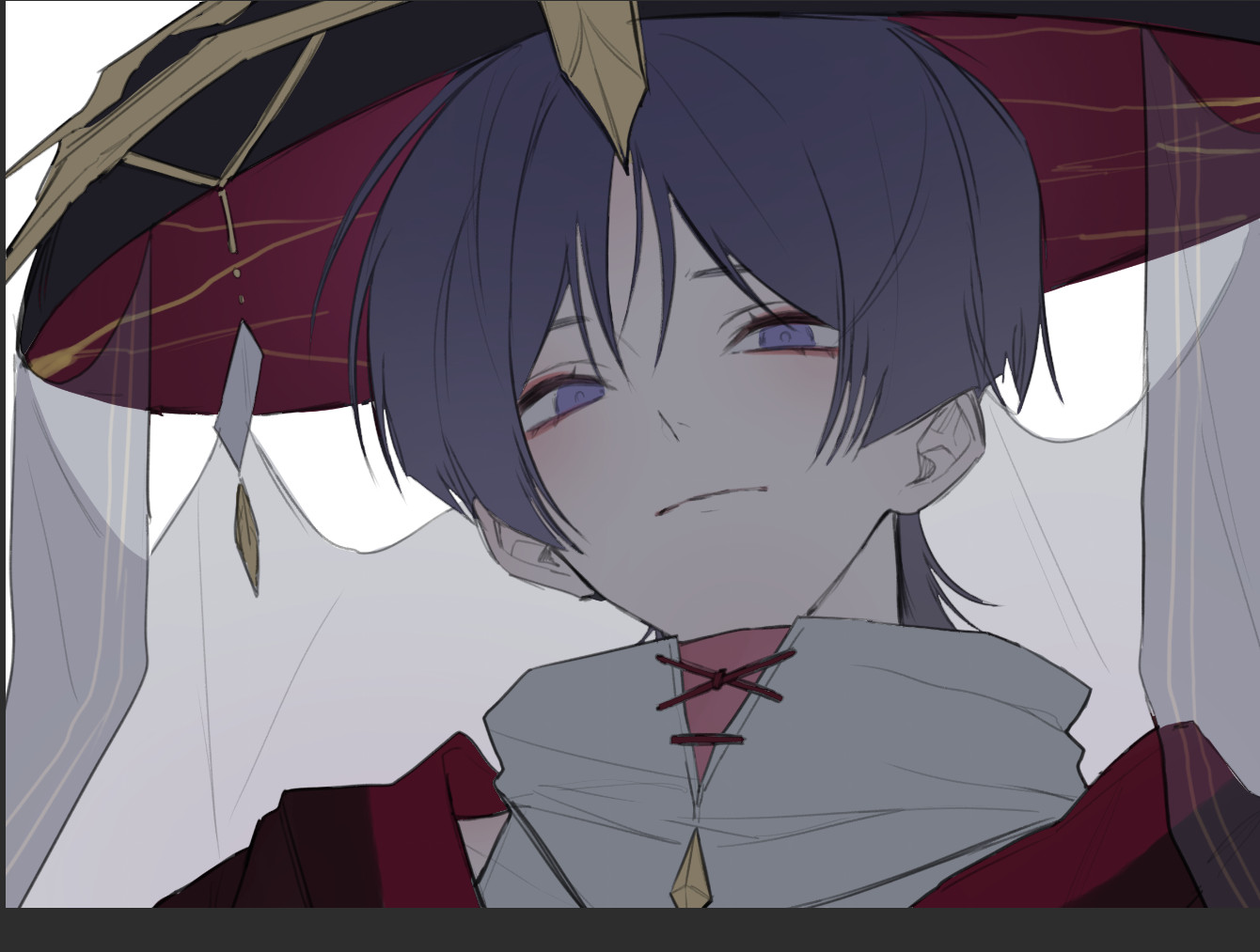 chypuragy, scaramouche (genshin impact), genshin impact, 1boy, adapted costume, blunt ends, closed mouth, collar, cross-laced collar, expressionless, eyelashes, eyeliner, eyeshadow, gold, hat, jingasa, looking at viewer, makeup, male focus, pale skin, portrait, purple eyes, red eyeliner, red eyeshadow, red hat, shoulder peek, solo, tsurime, veil, white background, white collar, white veil, wispy bangs