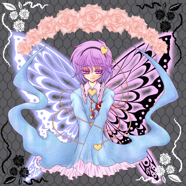 komeiji satori, touhou, 1girl, bug, butterfly, female focus, flower, hairband, heart, insect, purple eyes, purple hair, short hair, solo