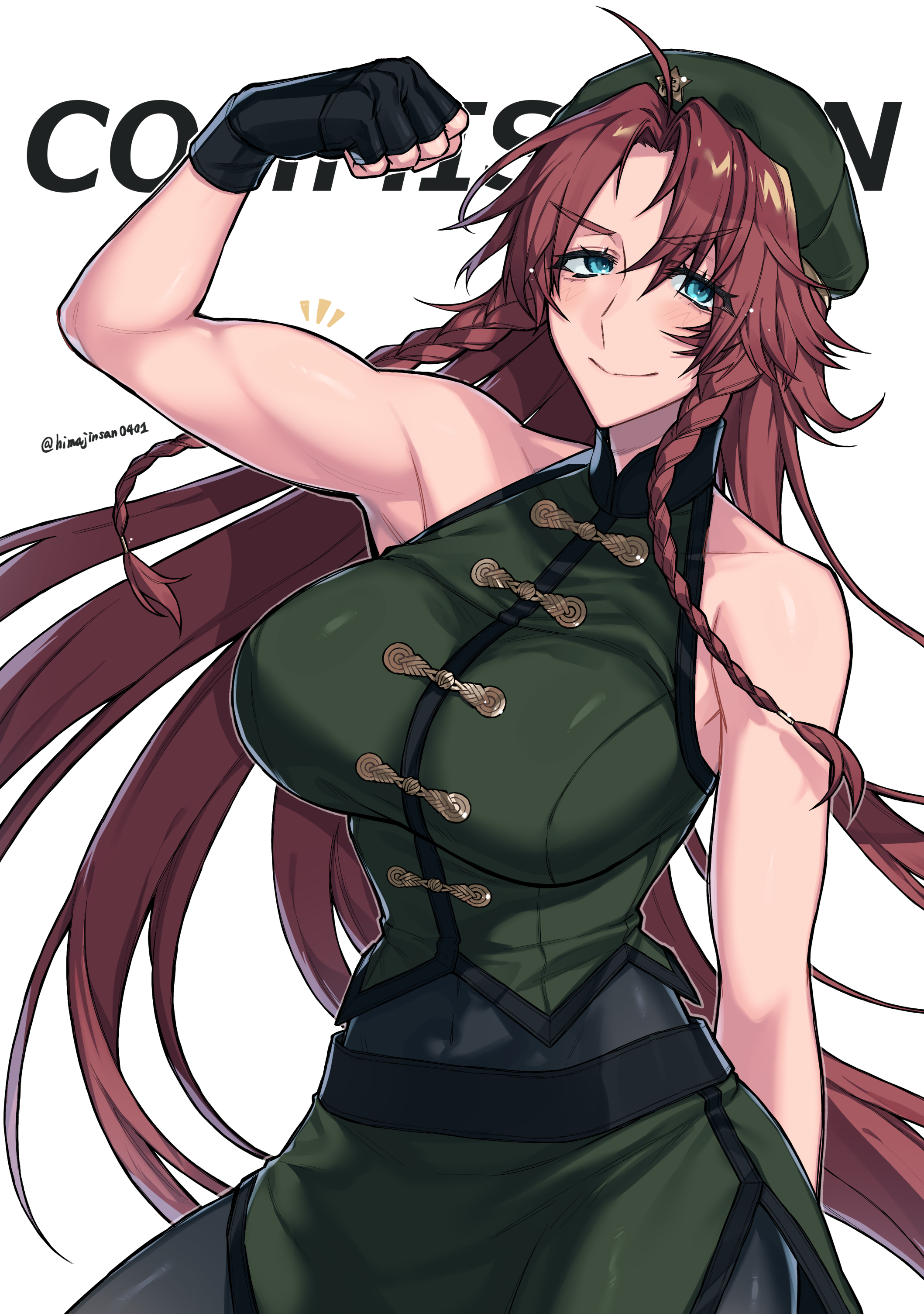 himadera, hong meiling, touhou, absurdres, commission, highres, 1girl, ahoge, arm up, artist name, bare shoulders, beret, black bodysuit, black gloves, blue eyes, blush, bodysuit, braid, breasts, china dress, chinese clothes, closed mouth, covered navel, dress, fingerless gloves, gloves, green hat, green shirt, green skirt, hat, large breasts, long hair, muscular, pectorals, shirt, side braid, simple background, skirt, sleeveless, sleeveless shirt, smile, solo, toned, toned female, twin braids, twitter username, very long hair, white background