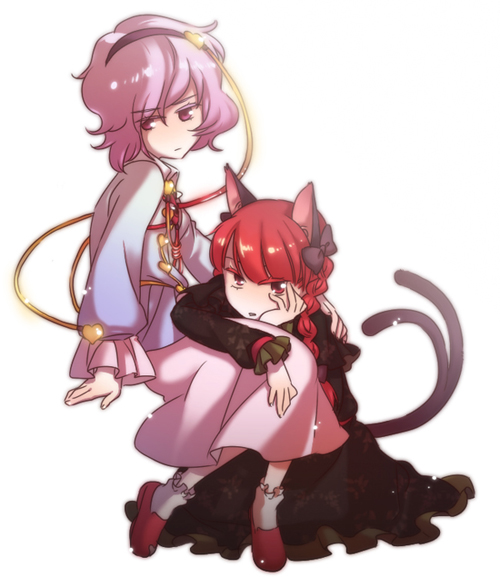 fuyu kitsune, kaenbyou rin, komeiji satori, touhou, 2girls, animal ears, braid, cat ears, cat girl, cat tail, female focus, hairband, heart, long hair, multiple girls, purple eyes, purple hair, red eyes, red hair, ribbon, short hair, tail, twintails